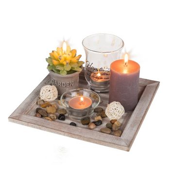 ReWu Teelichthalter mit Tablett Eckiger Dekoteller, 20 x 20 cm, Geschenkset mit Kerzen und Dekoration