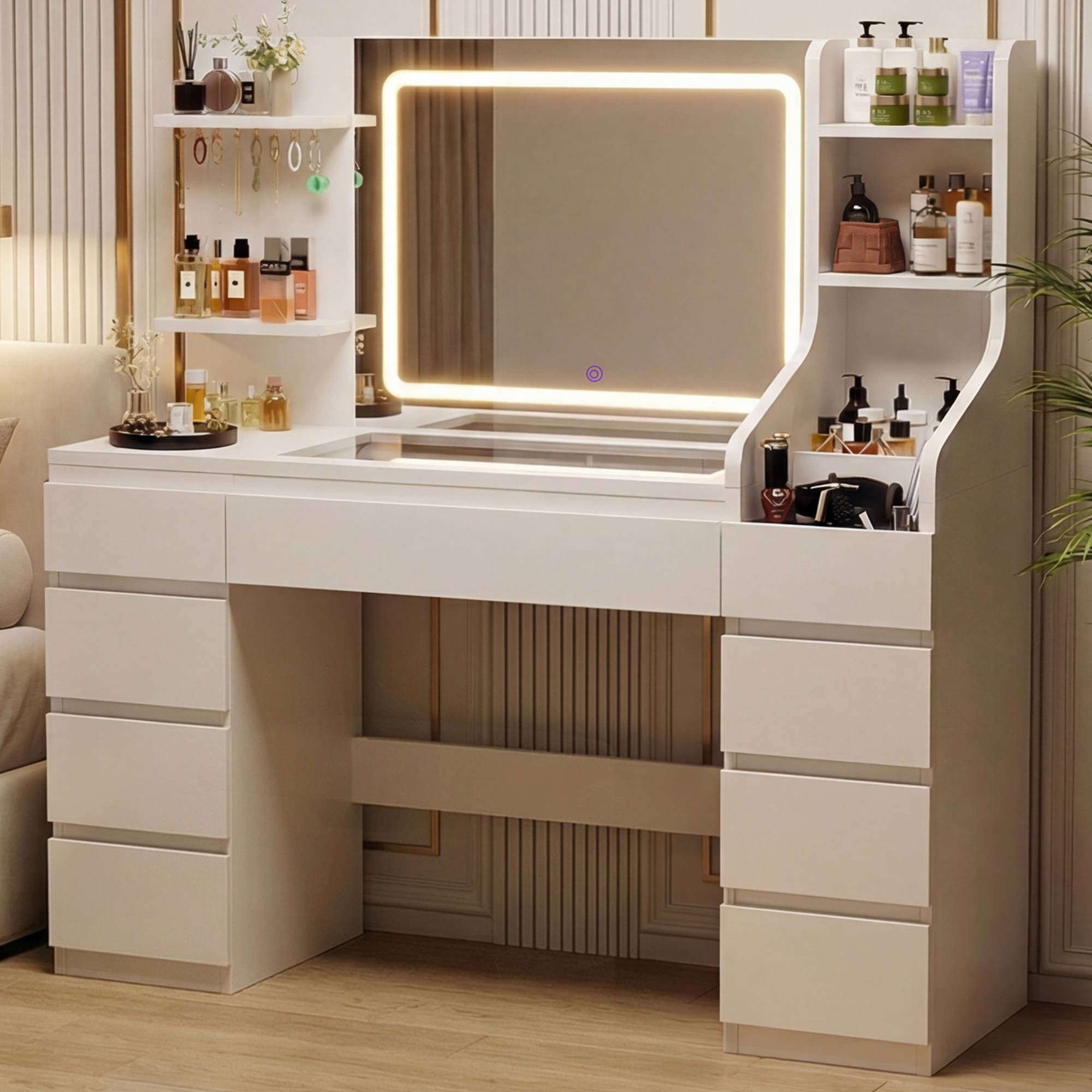 Furnicopia Schminktisch Großer Schminktisch mit LED-Beleuchtung, dimmbar, mit viel Stauraum (Maße: 135 × 40 × 137 cm, Arbeitsplatte aus gehärtetem Glas, mit 7 offenen Ablagefächern + 9 Schubladen, 2 Steckdosen + 1 USB-Anschluss + 1 Typ-C-Anschluss, Halterung für den Föhn-ostern geschenke)