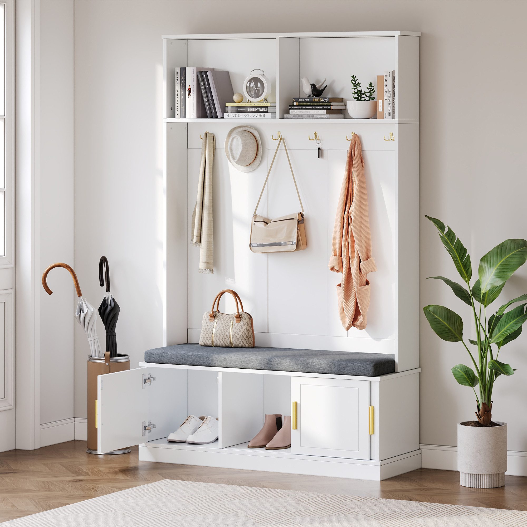 Merax Garderoben-Set mit Schuhbank & 6 Haken, (1-St., B120/T40/H191 cm), Garderobenständer Flurgarderobe mit Ablage & 3 Türen, freistehend – Bild 3 von 5