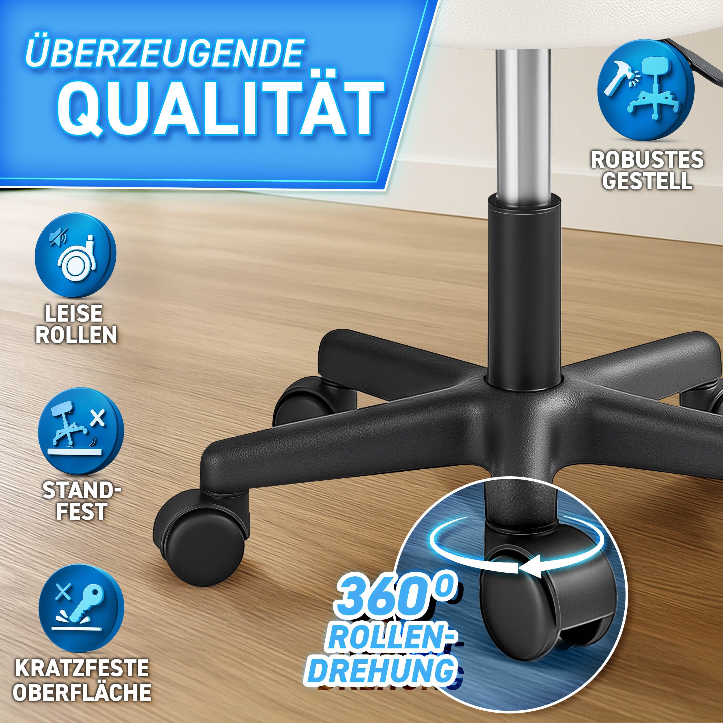 TRESKO Drehhocker Rollhocker höhenverstellbar, 10 cm Dicke Polsterung, Arbeitshocker Hocker 360° drehbar