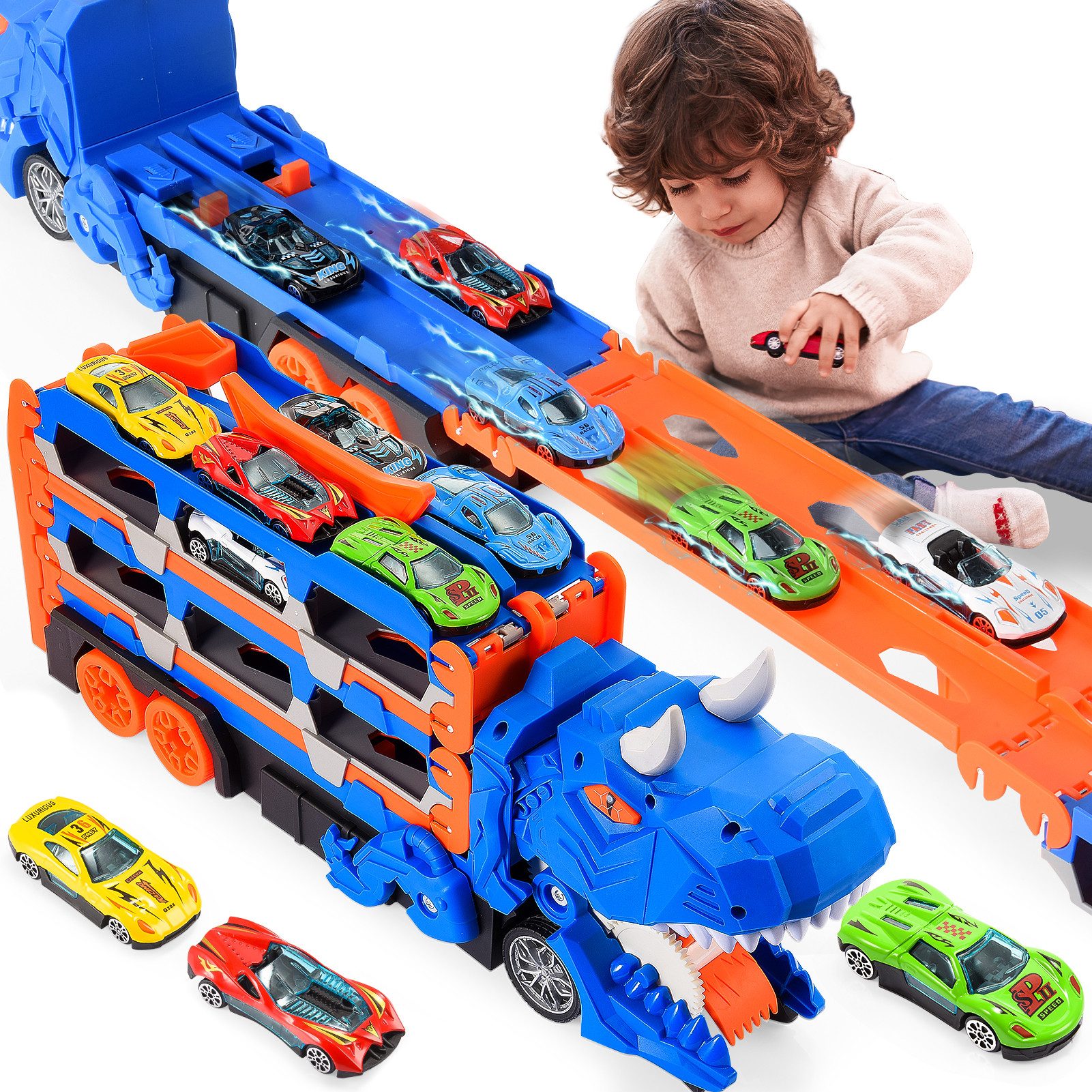 Wootoy Spielzeug-Transporter 3-in-1 Dinosaurier-Transporter mit Rennstrecke und Spielzeugautos, (Platz für bis zu 18 Spielzeugautos, 7-tlg., Komplettes Set inklusive Transporter 6 Spielzeugautos und Rennstrecke), Ausklappbare Rennstrecke mit ca. 150 cm Länge
