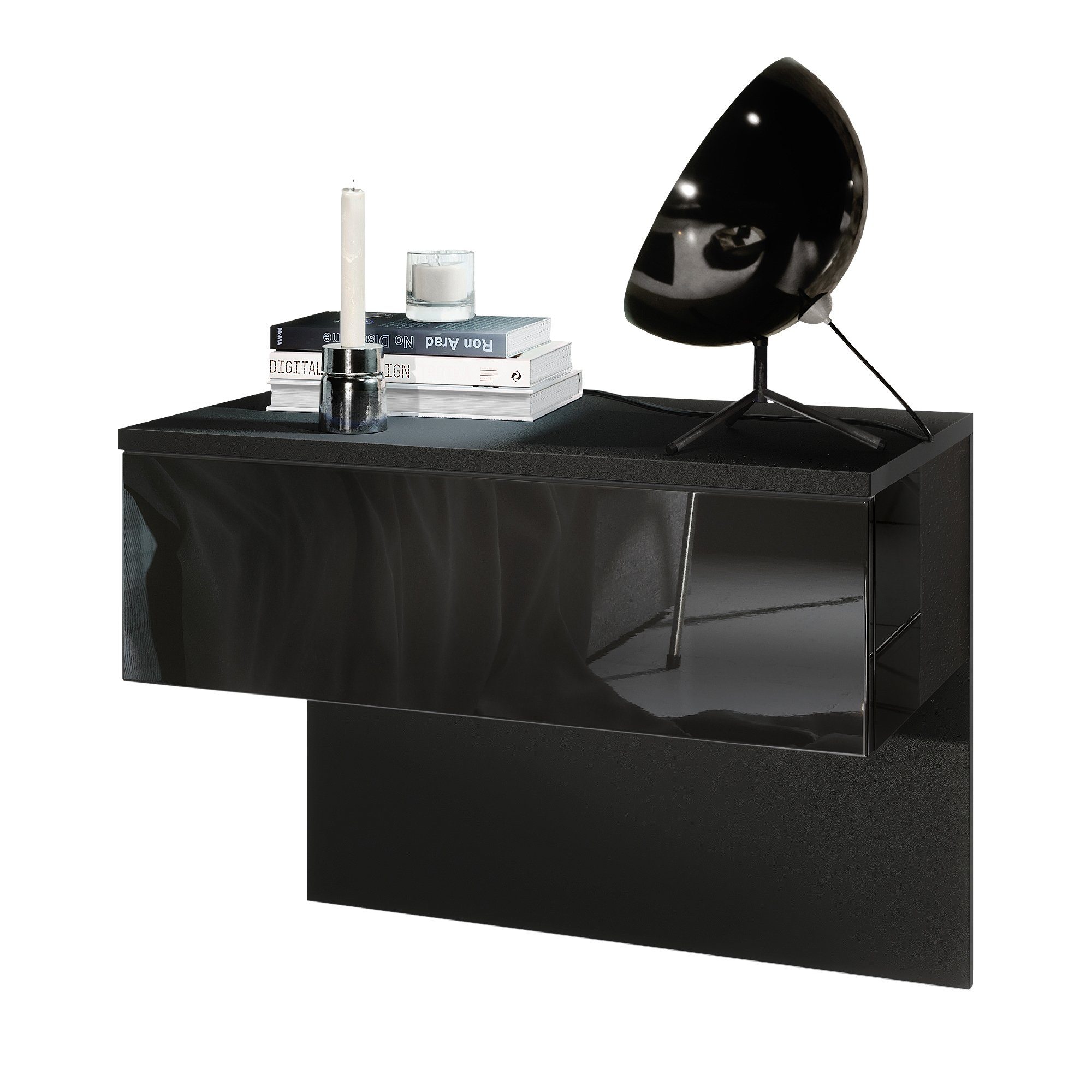 Vladon Nachttisch Sleep (Nachttischschrank, mit Schublade zur Wandmontage), Schwarz matt/Schwarz Hochglanz (60 x 46 x 35 cm)