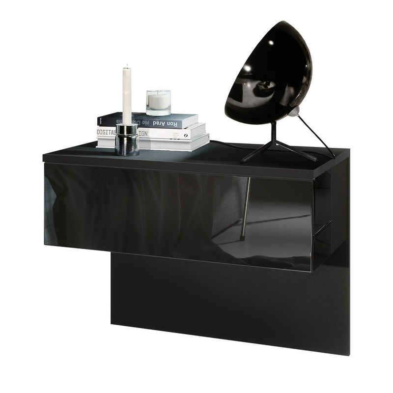 Vladon Nachtkonsole »Sleep«, Nachttischschrank mit Schublade zur Wandmontage, Schwarz matt/Schwarz Hochglanz (60 x 46 x 35 cm)