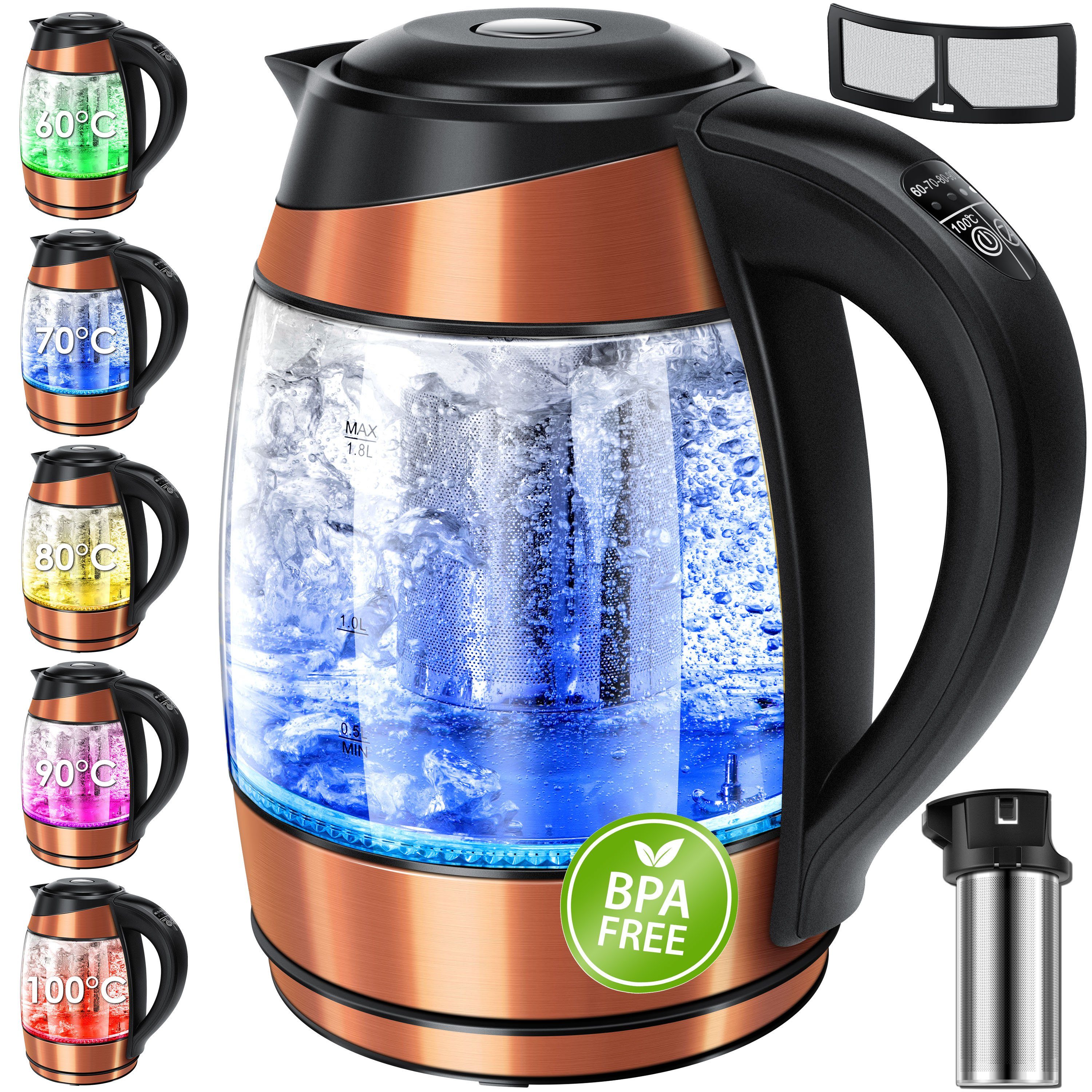 KESSER Wasserkocher, 1.8 l, 2200 W, 1,8L Edelstahl Wasserkocher 2200W Glaswasserkocher
