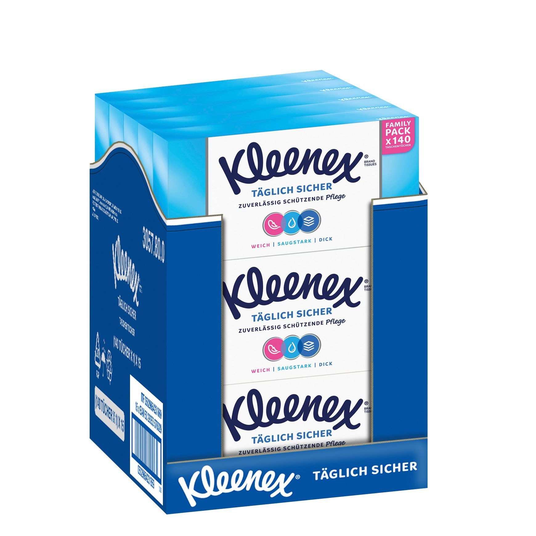 KLEENEX Papiertaschentücher Taschentücher-Box Täglich Sicher, 3-lagig,15x140 Tücher,Kosmetiktücher