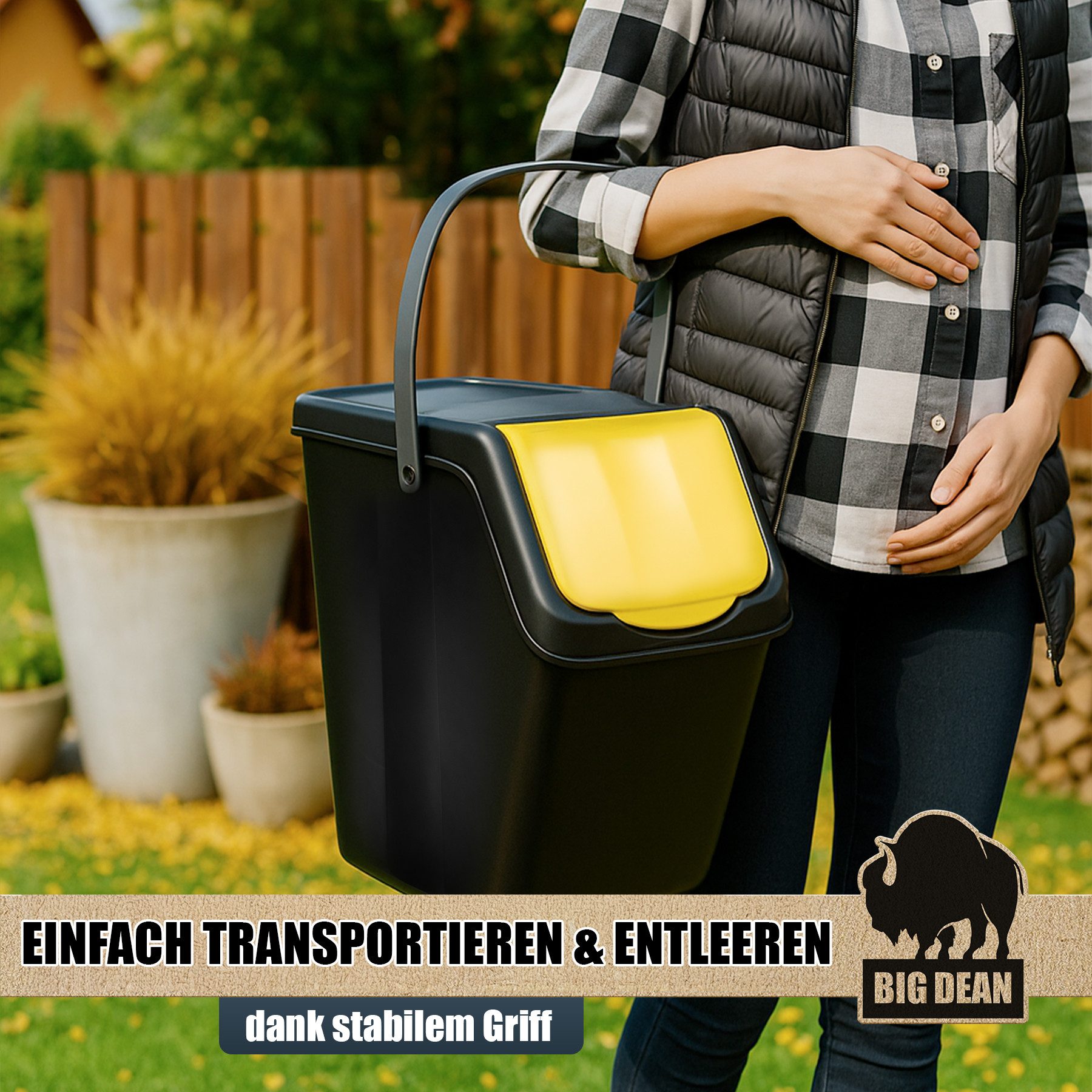 BigDean Mülltrennsystem 3x25L Mülltrennsystem Mülleimer 3 Fächer Stapelbar mit Henkel, Tischmülleimer