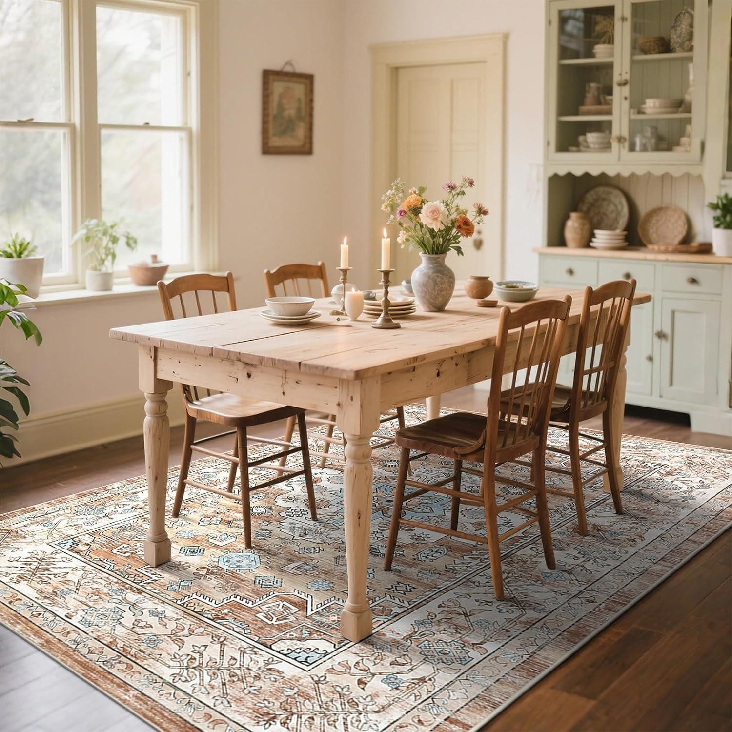 LuxusKollektion Teppich Teppich Vintage Wohnzimmer Kurzflor Waschbar Cremefarben 90x150cm