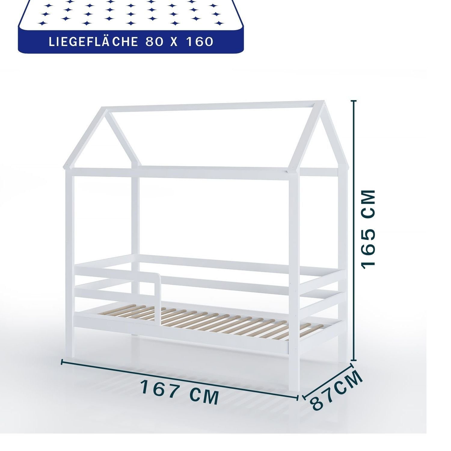 Coemo Kinderbett, Hausbett HOME mit cm, 80x160 und Dachgestell Rausfallschutz