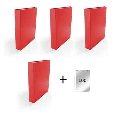 Livepac Office Aktenordner 4x Ringbuch / DIN A5 / 2-Ring Ordner / Farbe: rot + 100 Prospekthüllen