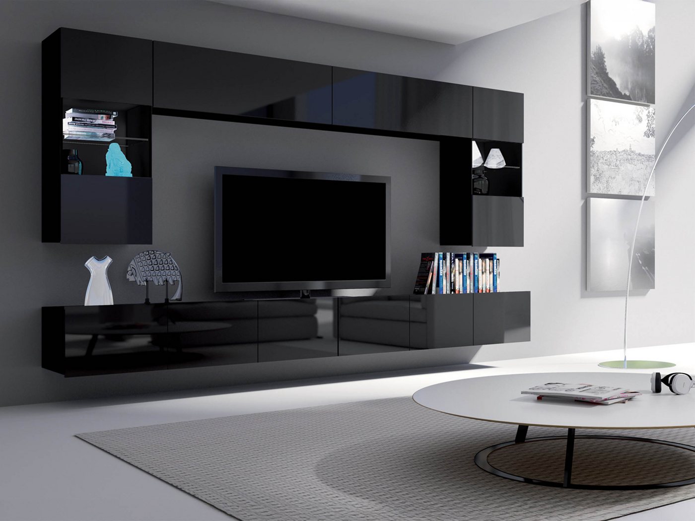 MIRJAN24 Wohnwand Calabrini I, (6er-Set, 2x TV-Lowboard, 2x Wandregal, 2x Hängevitrine), LED-Beleuchtung als Option