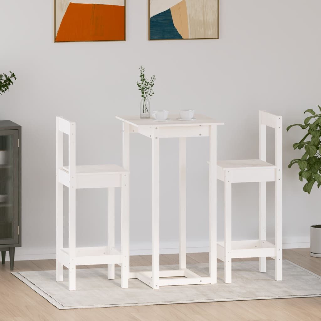 furnicato Bargruppe Weißes Bar-Set aus massivem Kiefernholz, Bartisch 60x60x110 cm, (1-tlg), Stabile Sitzgruppe mit zwei Barstühlen und hoher Tragfähigkeit