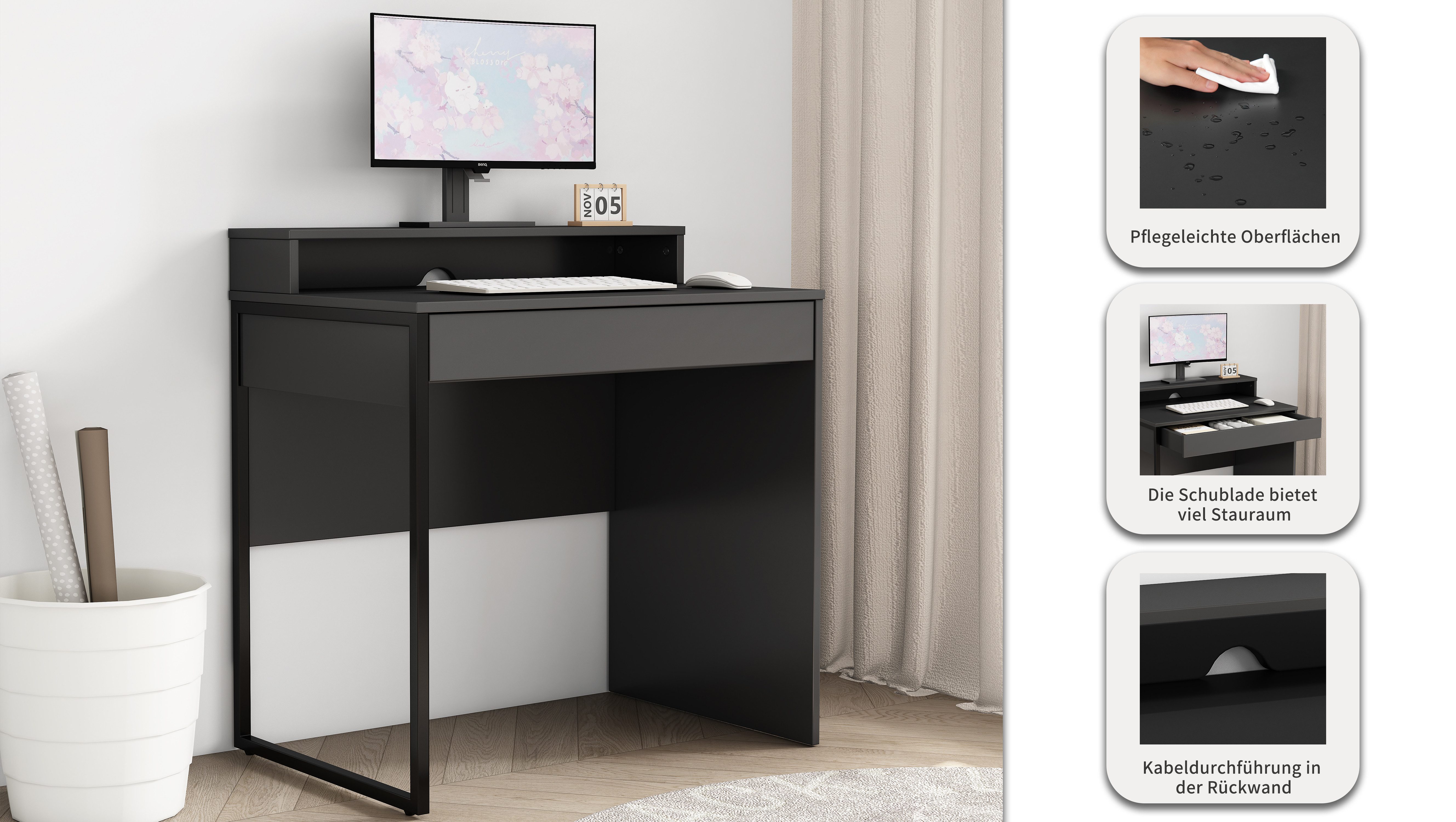 OTTO home Schreibtisch Moid, Computertisch in modernem Design, Breite 80 cm, mit Schublade, Kabeldurchlass & Metallkufe