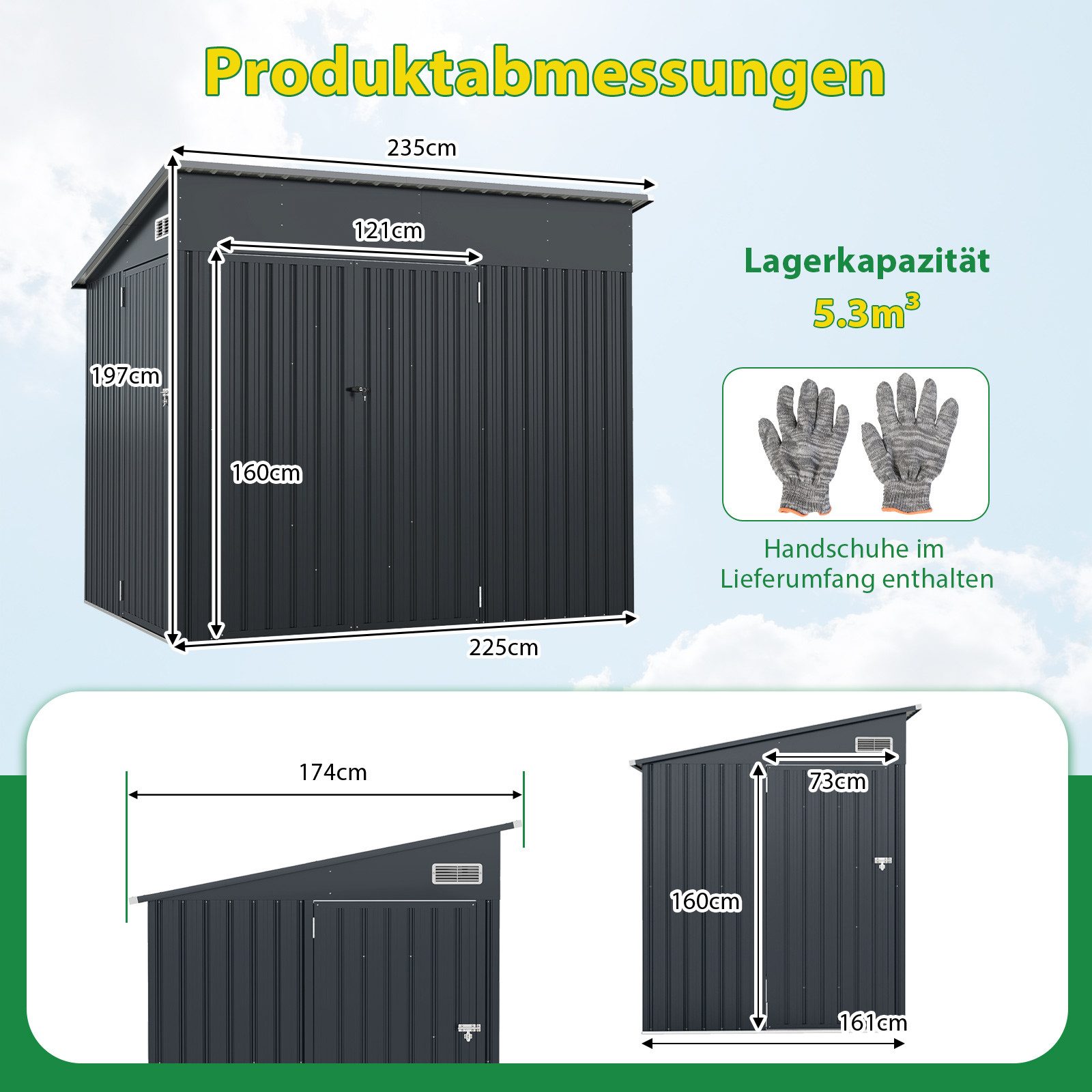 COSTWAY Gerätehaus, BxT: 235x174 cm, (1 St), Geräteschuppen, Gartenschuppen, mit Dreifachtüren