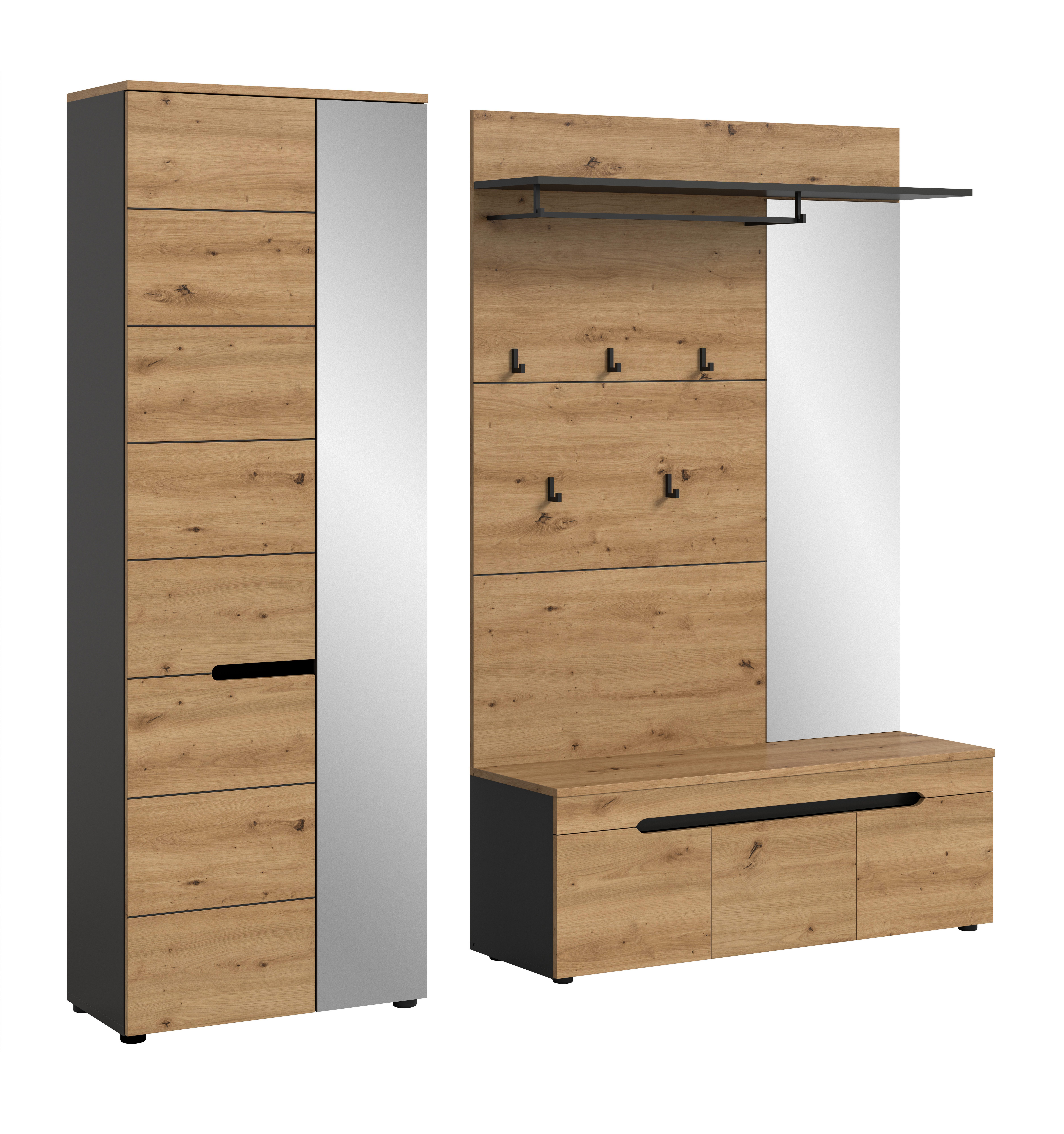 furnling Garderoben-Set Cano, (3-St., Garderobenpaneel mit Spiegel, Garderobenschrank, Sitzbank), Flurmöbel, 1 Kleiderstange, 5 Haken, Soft-Close, Breite 200 cm