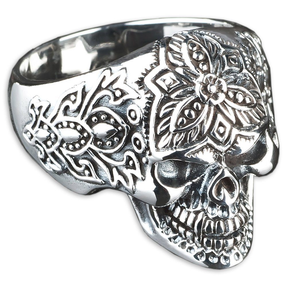 Silberring Totenkopf Ring Sugar Skull Blumen Daumenring 925 Sterlingsilber