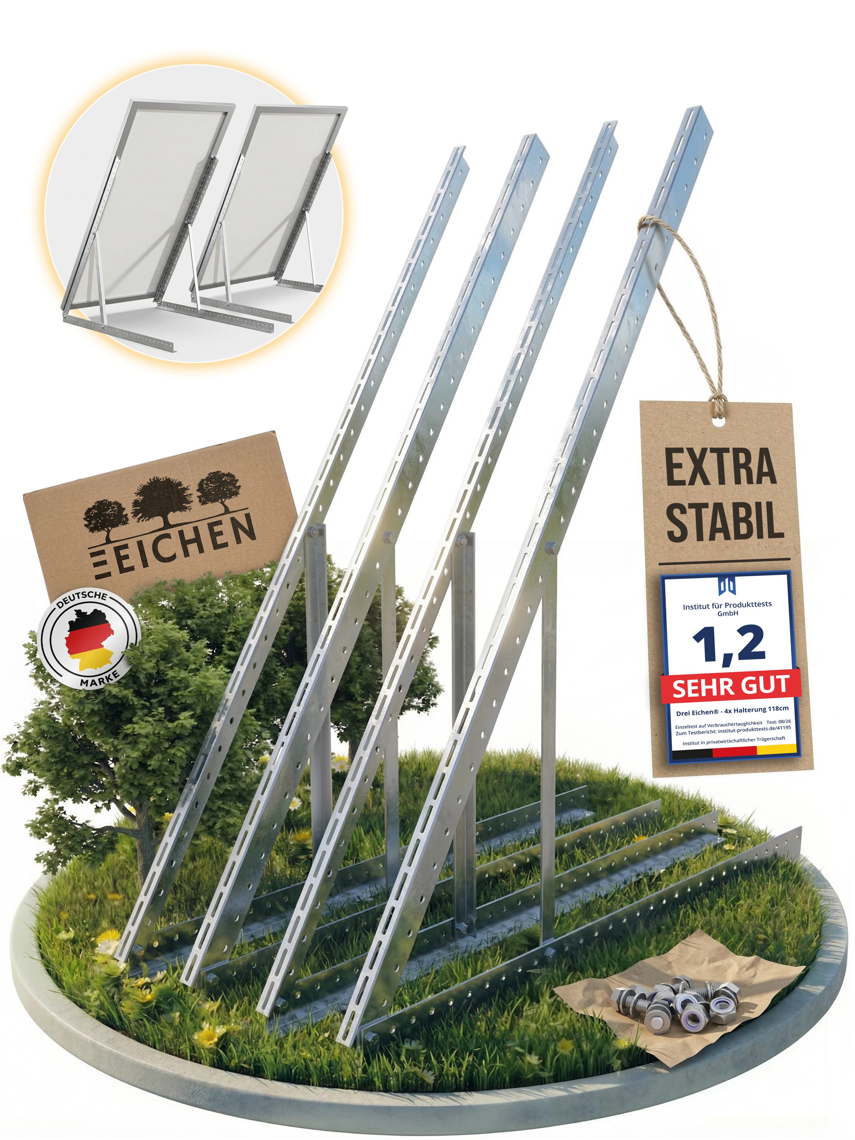 Drei Eichen Solarmodul-Halterung Balkonkraftwerk 118cm 3mm Stark. 2x Solarmodule. Wand Balkon Flachdach, (Für 2 Stück Photovoltaikmodule, Länge 118cm - Stärke 3mm, witterungsbeständiges stabiles Aluminium, Edelstahlschrauben)