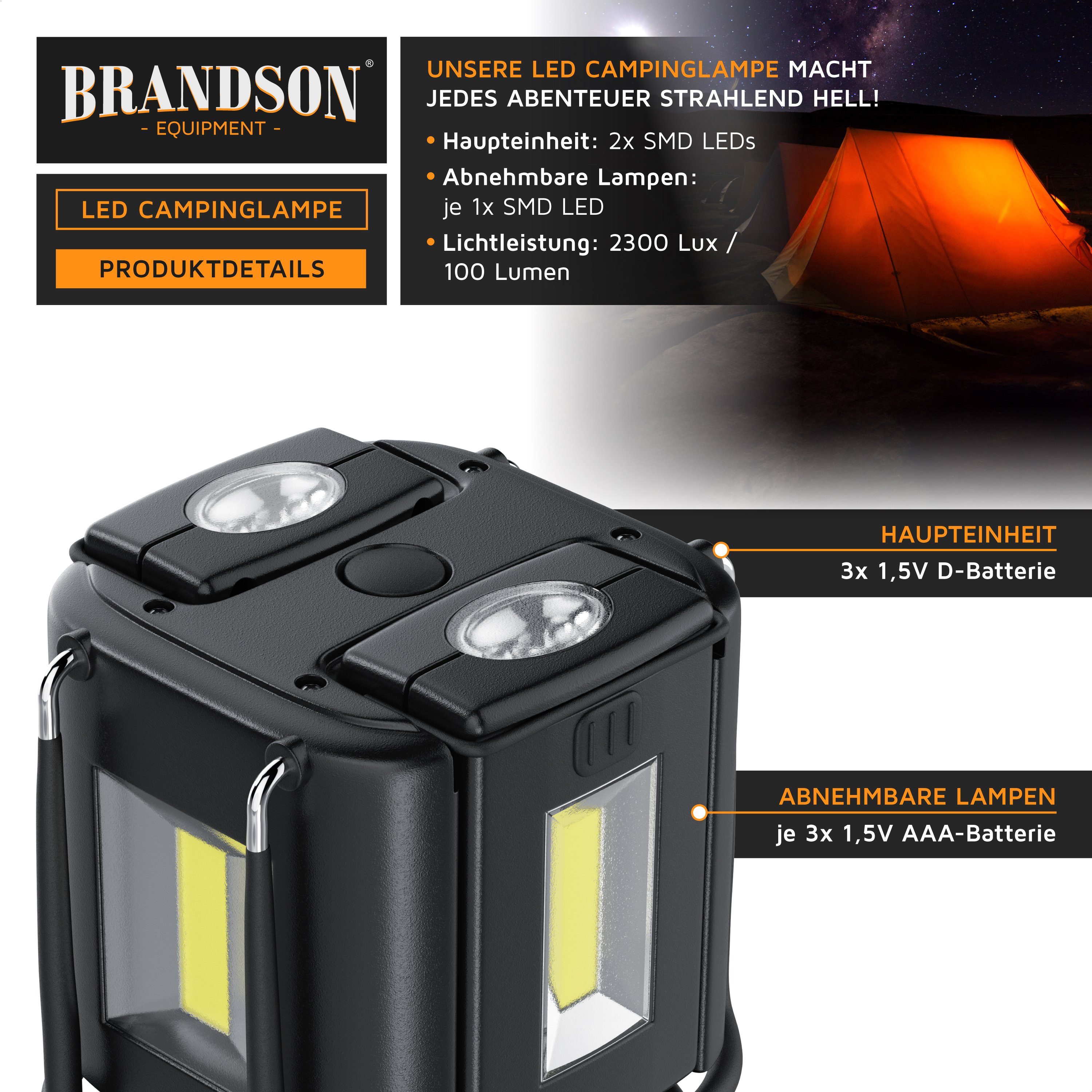 Brandson LED Taschenlampe, Campinglampe mit 2 abnehmbaren Taschenlampen, Laterne