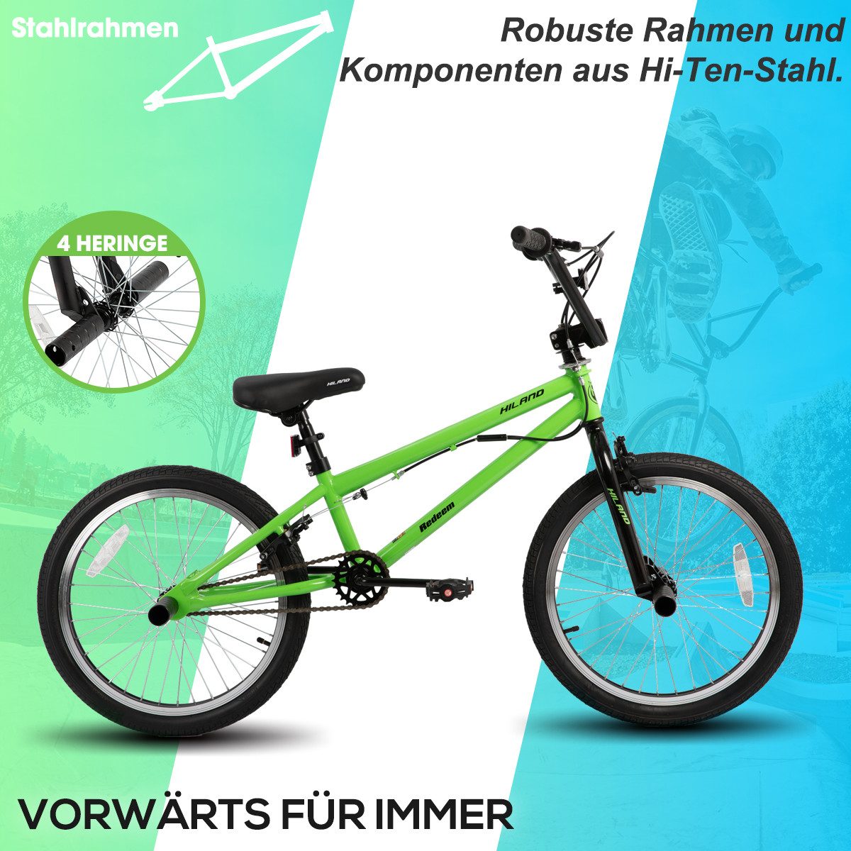 HILAND Kinderfahrrad Redeem 20 Zoll 3 Multiple Speichen BMX für Jungen ab 7-10 Jahre, 1 Gang, Reflektorplatte, Single Speed, 4 Pegs