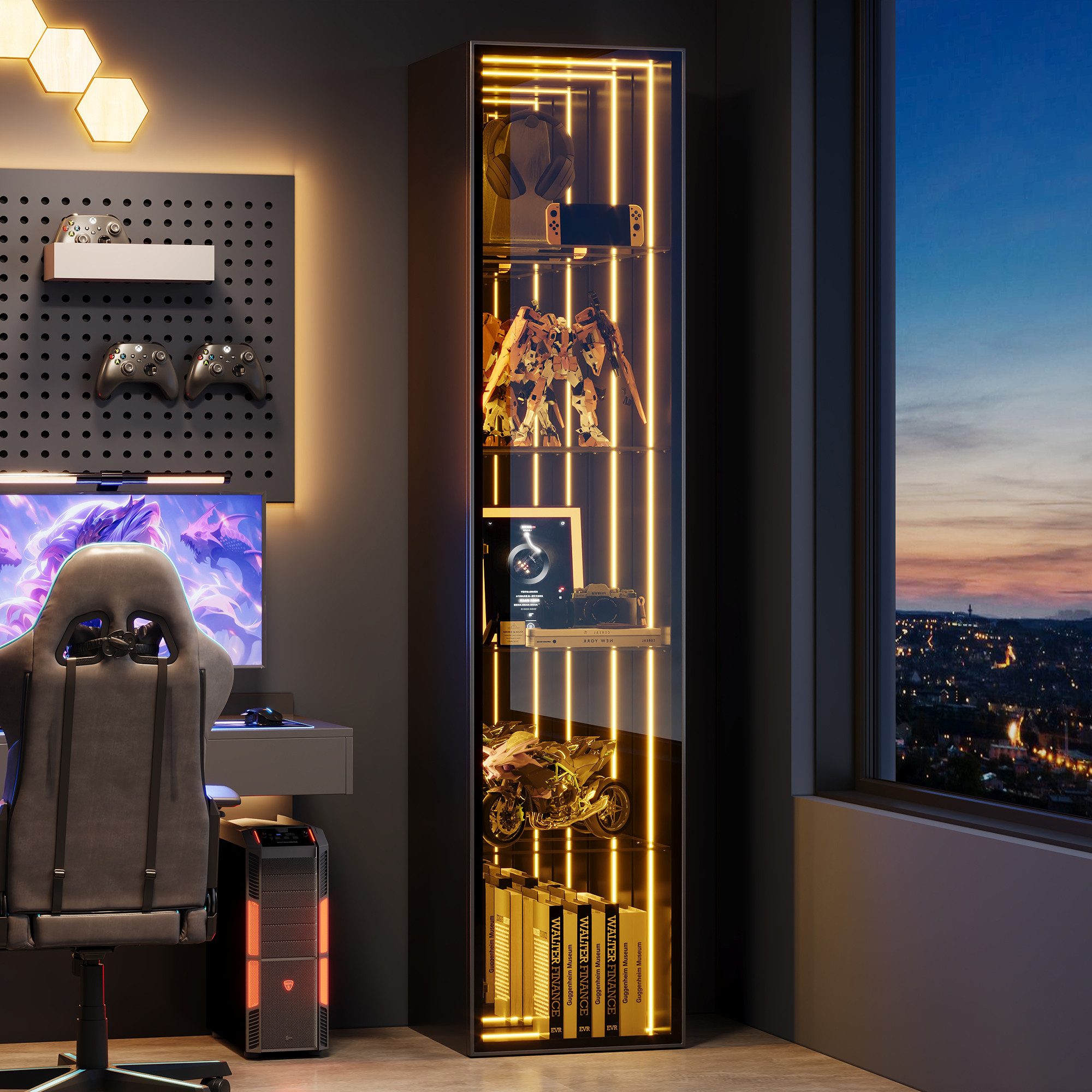 Flieks Glasvitrine mit LED-Lichtleiste, 4 verstellbaren Glaseinlegeböden & Spiegelwand (30x30x160 cm, Glastür mit Soft-Close-Funktion, 1-St., Eckvitrine mit verspiegelter Rückwand & 5 Ebenen) Hochschrank Standvitrine Eckschrank Mehrzweckschrank mit 3 Fächern