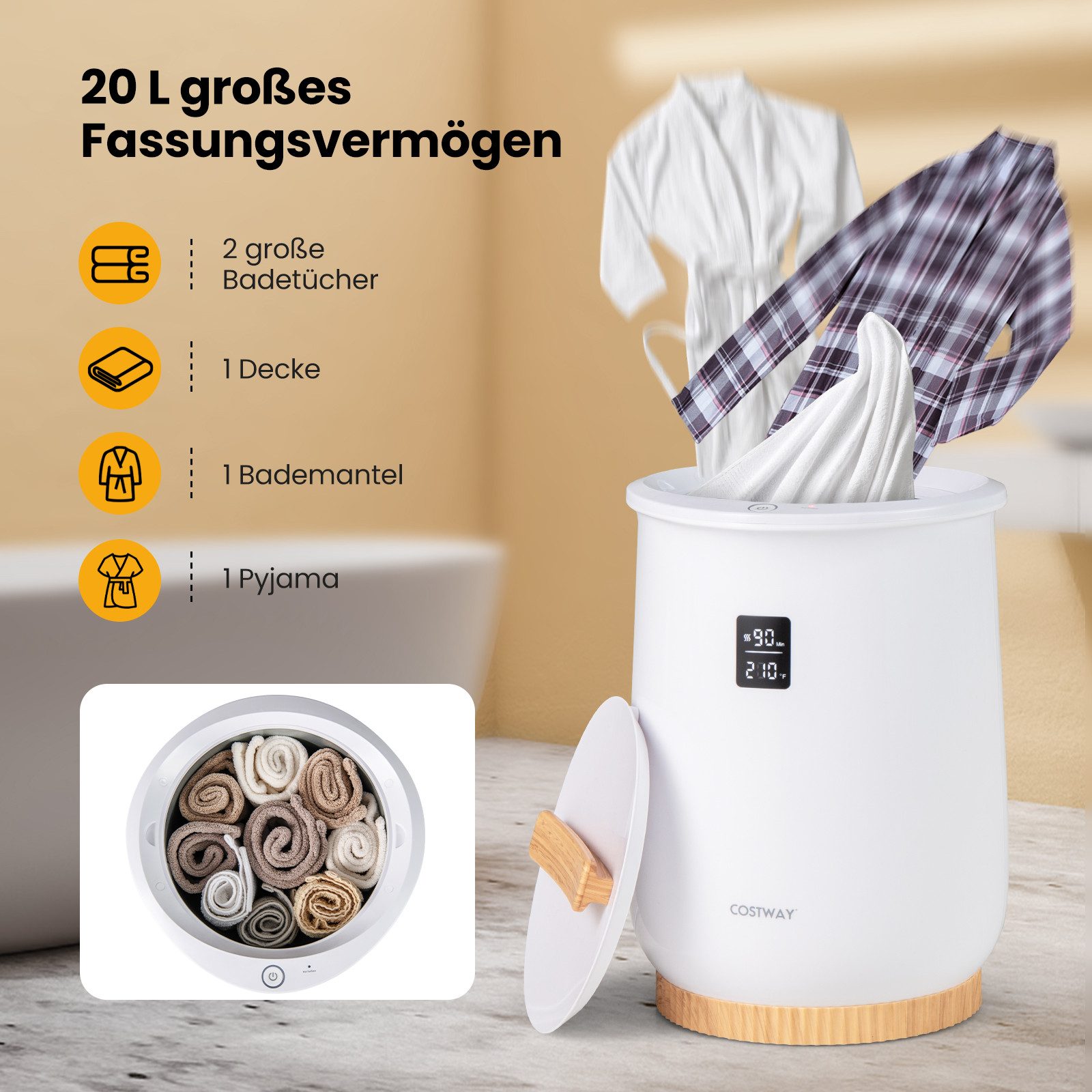 COSTWAY Badheizkörper, 20L Handtuchwärmer mit LED, 1-Knopf-Bedienung, Timer