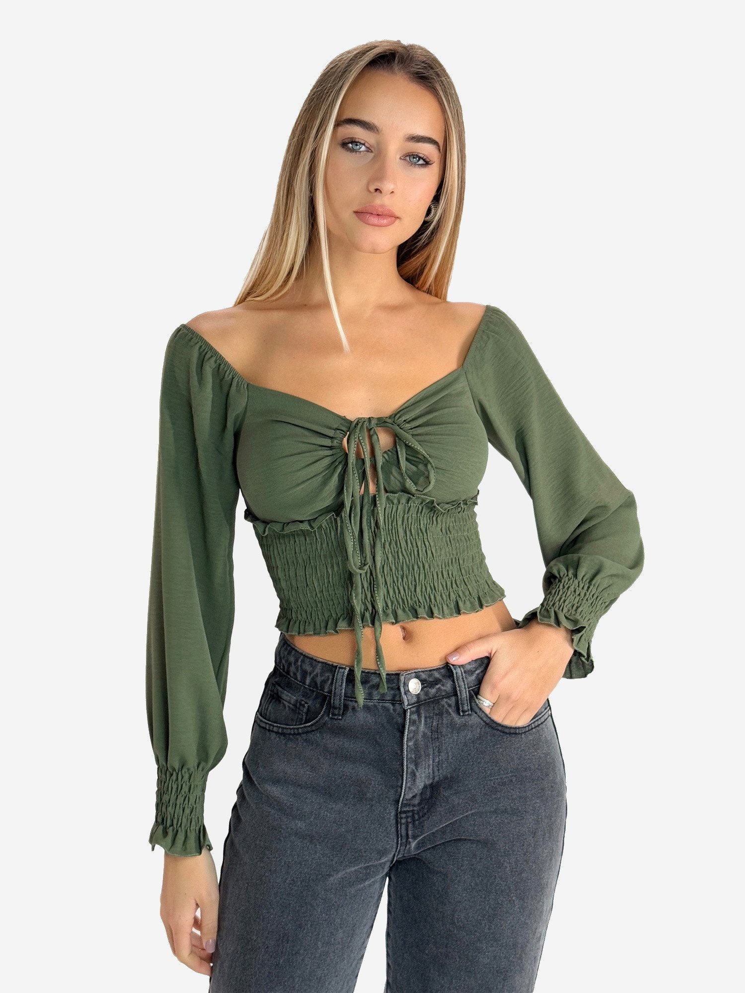 Elara Blusentop – Damen Crop Bluse mit Schnürung, Carmen-Ausschnitt und Puffärmeln