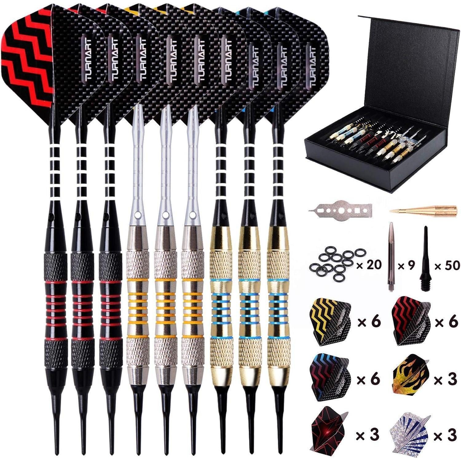 LuxusKollektion Dartpfeil Dartpfeile Kunststoffspitze 9 Stück 18g mit 50 Dartspitzen 20 Ringe 27