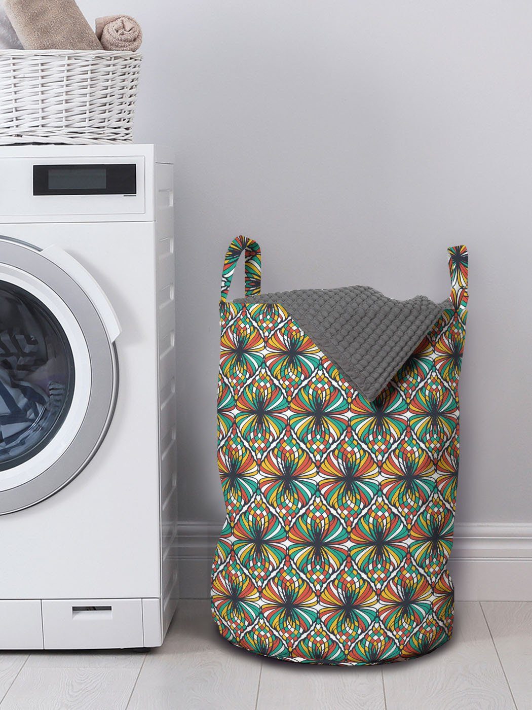 Waschsalons, Abakuhaus Wäschesäckchen Abstrakt mit Zier Wäschekorb Kordelzugverschluss Bunte Griffen für