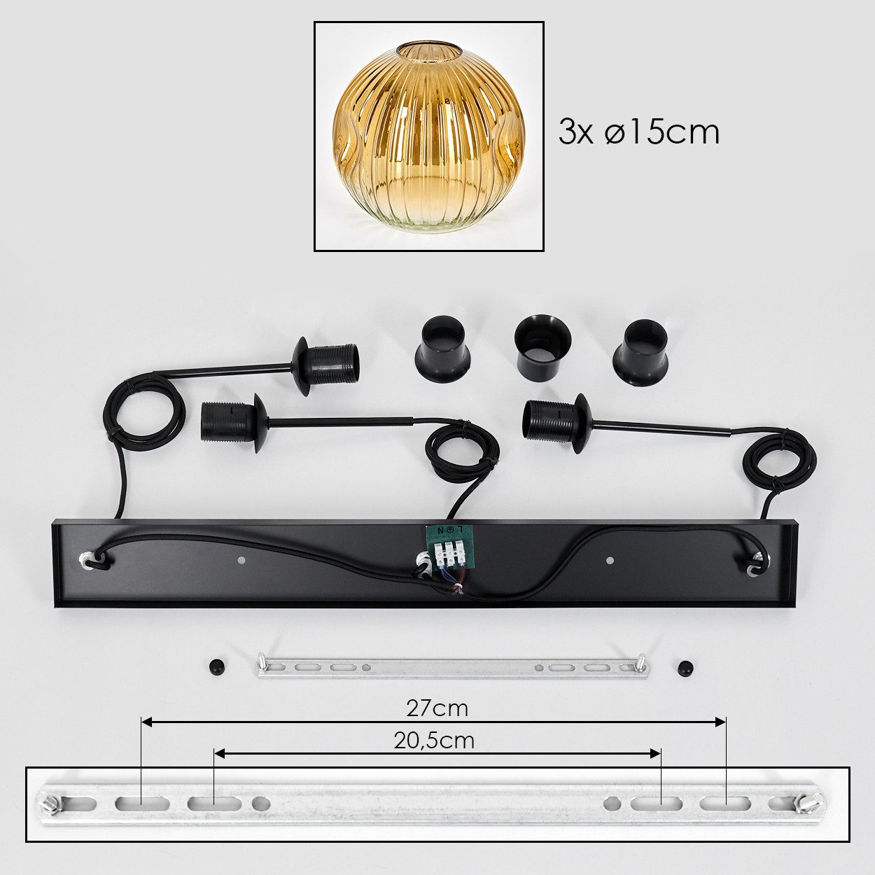 hofstein Hängeleuchte 3-flammige Hängelampe aus Metall/Riffelglas in Schwarz/Gold/Klar, ohne Leuchtmittel, moderne Pendelleuchte im Retro/Vintage-Design (Schirme Ø 15 cm), E27