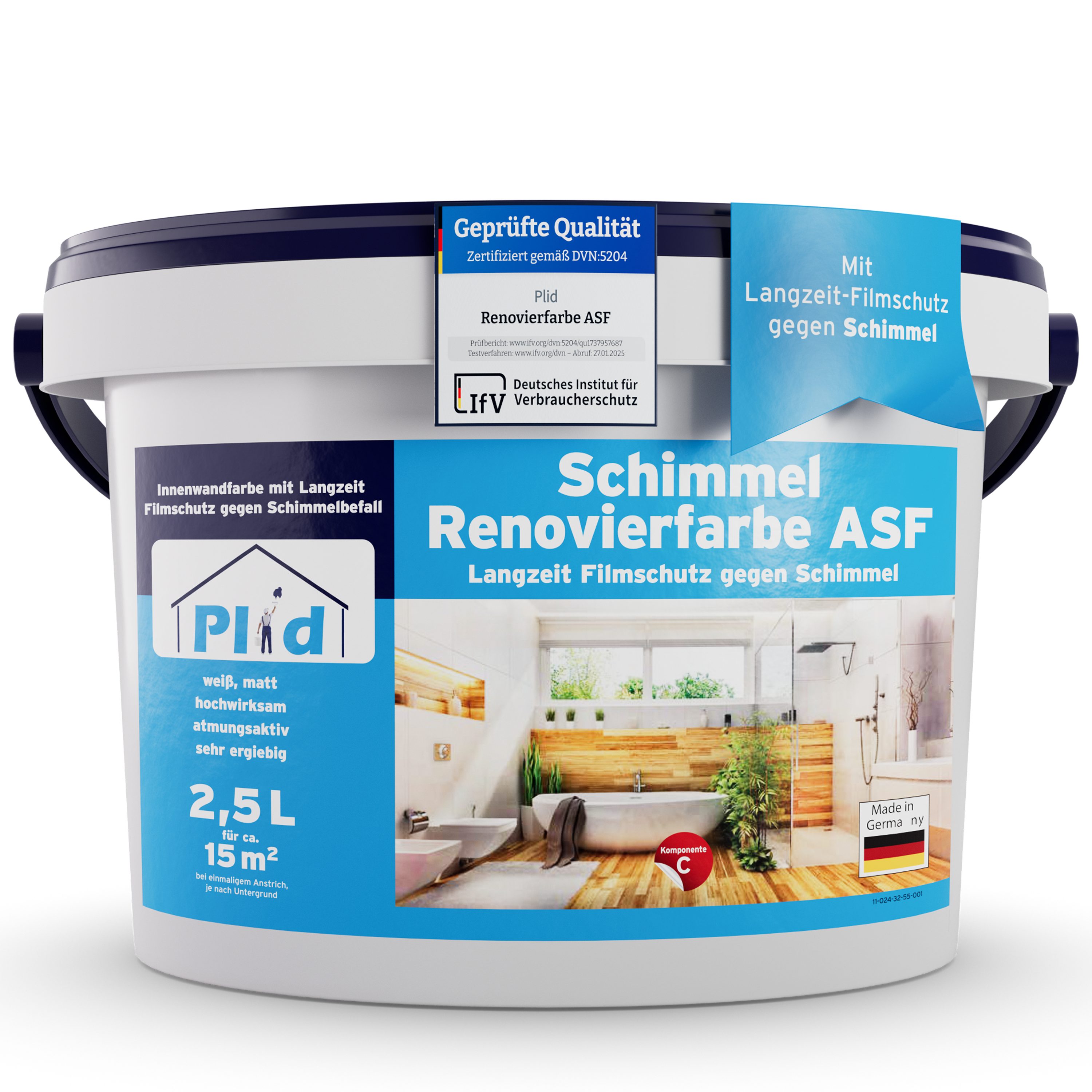 plid Wandfarbe Renovierfarbe ASF Weiß, 2,5l für ca. 15m² alle Wände, Schimmelschutzfarbe Hohe Deckkraft