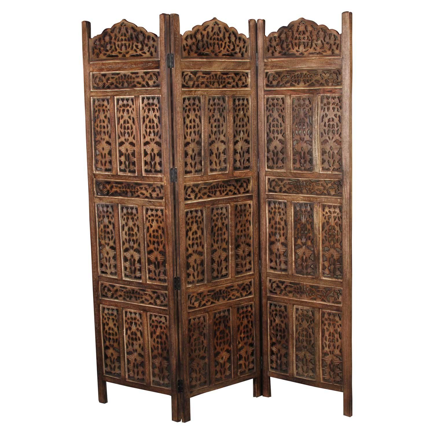 Casa Moro Paravent Orientalischer Paravent Raumteiler Firdaus 152x183 cm braun (3 teilig aus Echtholz & MDF handgeschnitzt, Indische Trennwand als Raumtrenner & schöne Dekoration PV5560), (B/H): ca. 152 x 183 cm, Weihnachtdeko