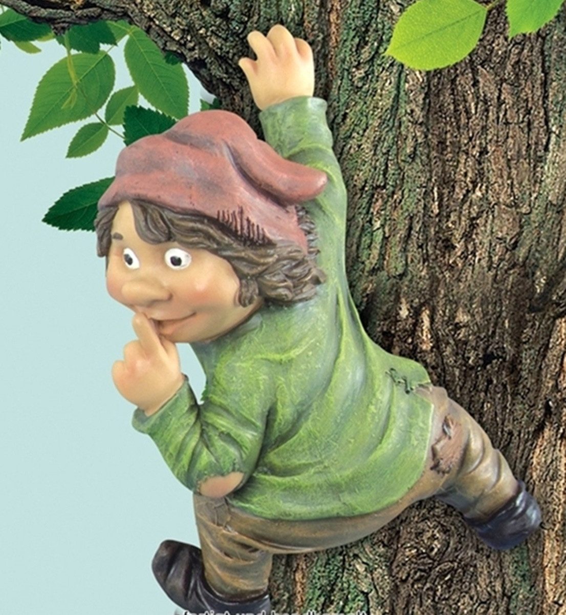 JS GartenDeko Dekofigur Garten Gnom hängend H 24 cm aus Resin Kletternder Troll
