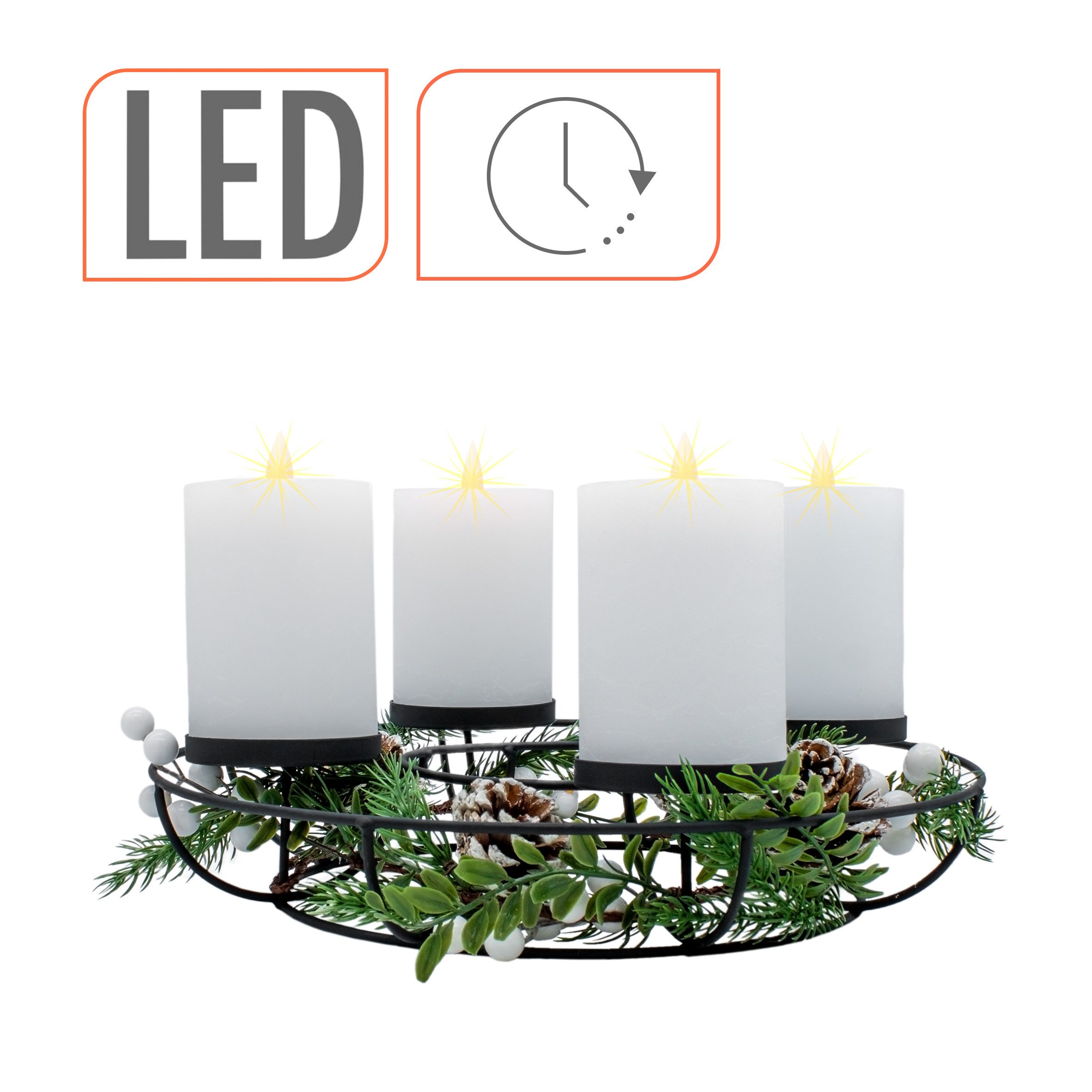 Spetebo Adventskranz aus Metall mit 4 LED Kerzen in warm weiß - 33 cm, Timer-Funktion und Flacker-Effekt