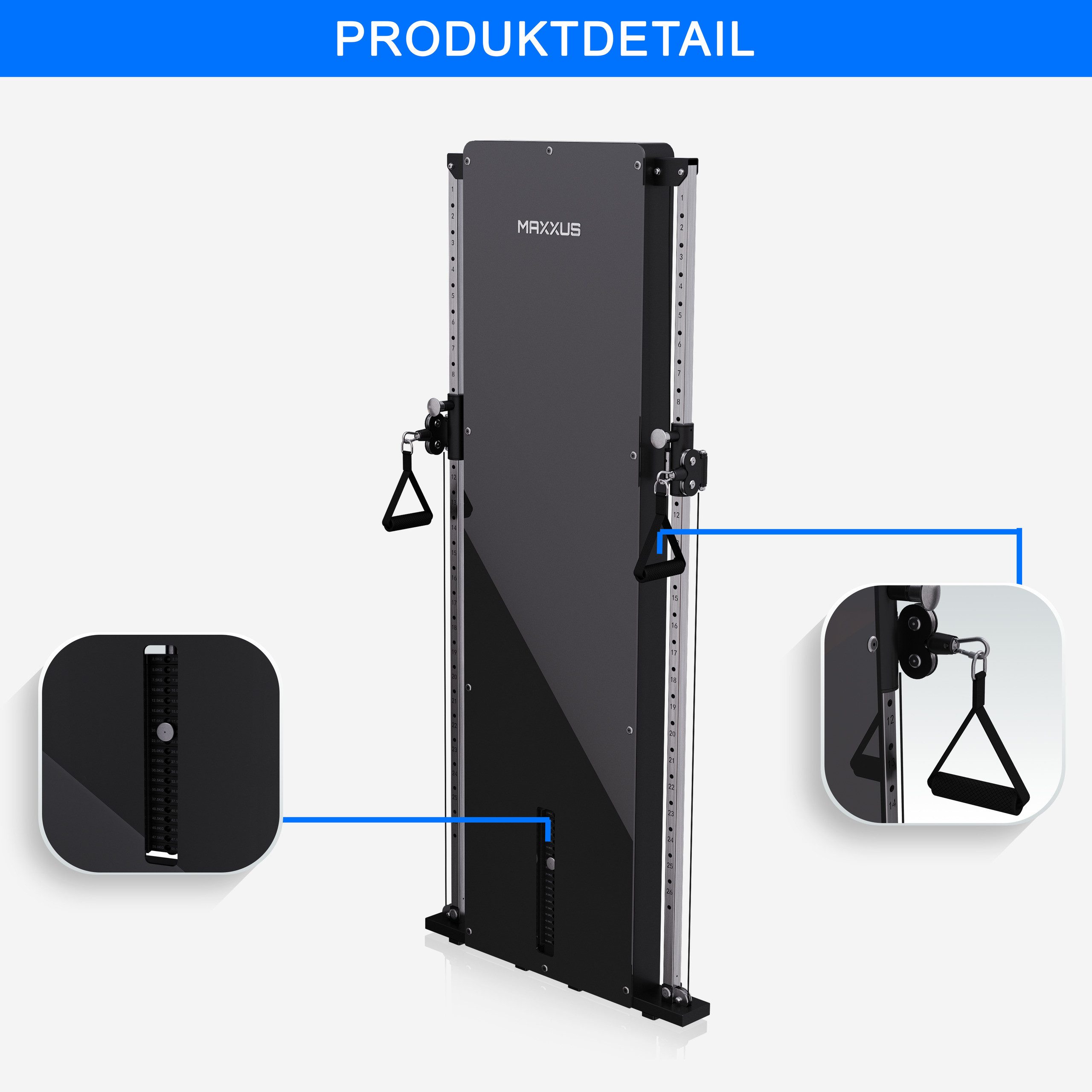 MAXXUS Kraftstation SmartGym H1 - Seilzug Turm, Kabelzug, Fitnessgerät, Kabelzug - Station, (1-tlg), Latzugstation Zuhause, Wandmontage, Doppelzugeinheit, Gewichtsplatten