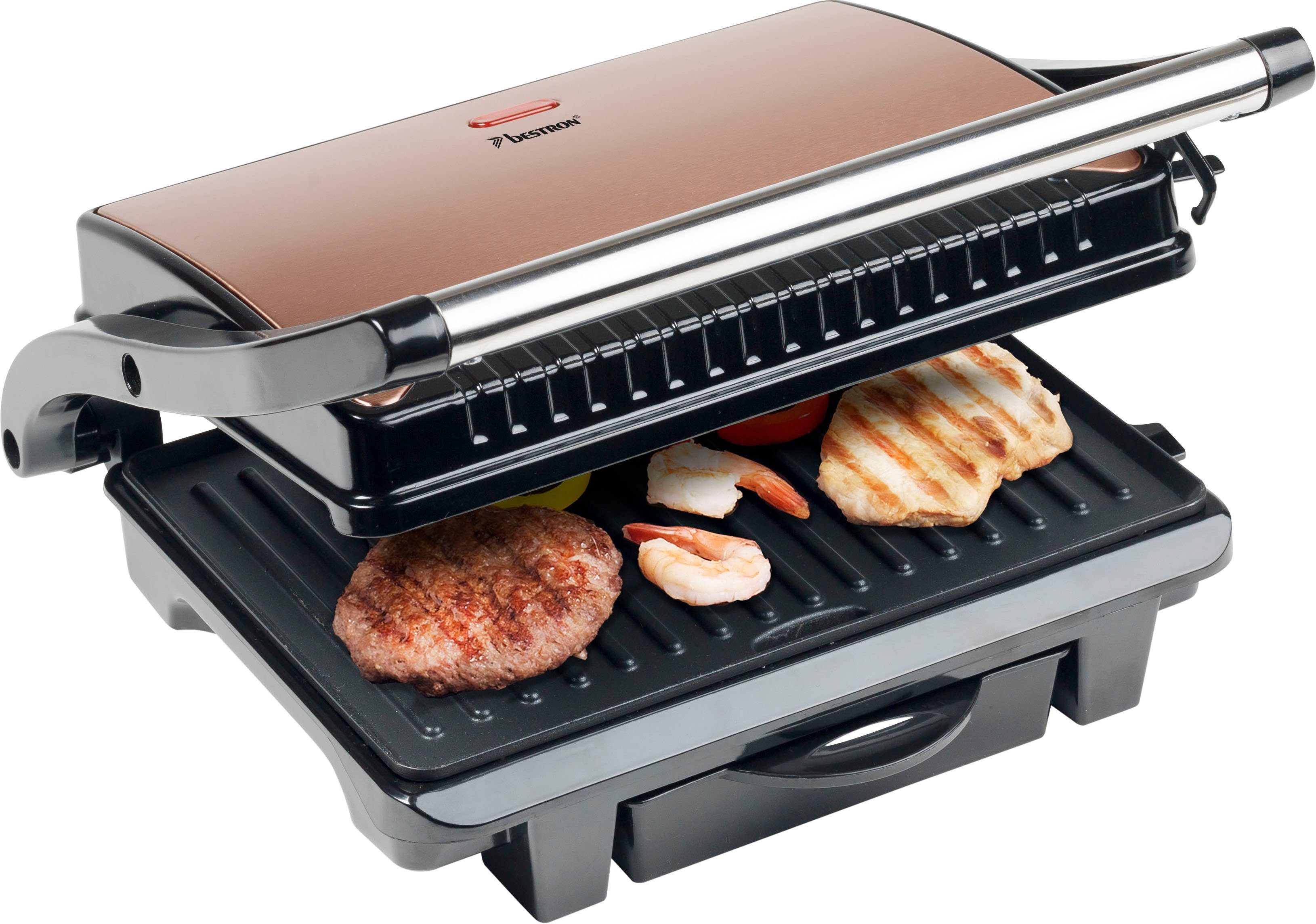 bestron Kontaktgrill ASW113CO auch einsetzbar, 1000 als Auffangschale, Kupfer Sandwich-/Panini-Kontaktgrill antihaftbeschichtet, mit W