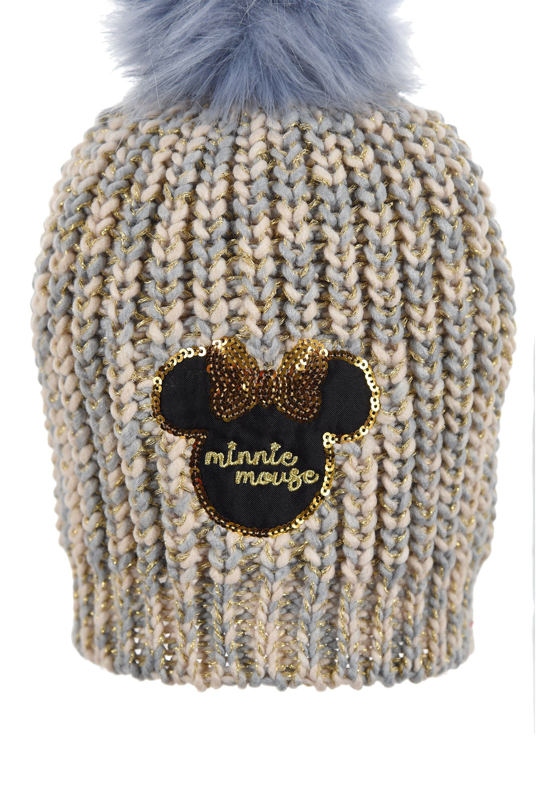 Bommelmütze mit Mädchen Grau Strick-Mütze Minnie Mouse Kinder Winter-Mütze Disney Pailletten