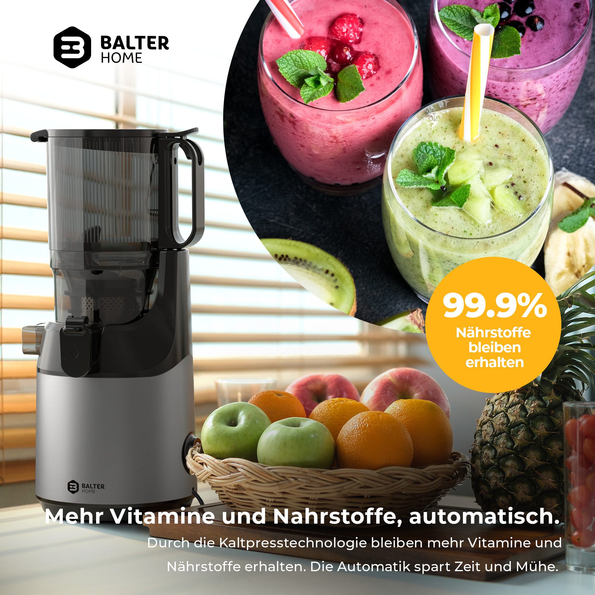 Balter Entsafter ES-01P, 300 W, Slow Juicer 135MM Öffnung 1,8L Entsafter für Gemüse und Obst