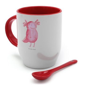 Mr. & Mrs. Panda Tasse Axolotl Glücklich, Kaffeebecher, Tasse mit Spruch, Tassen, Keramik, Farbiger Löffel