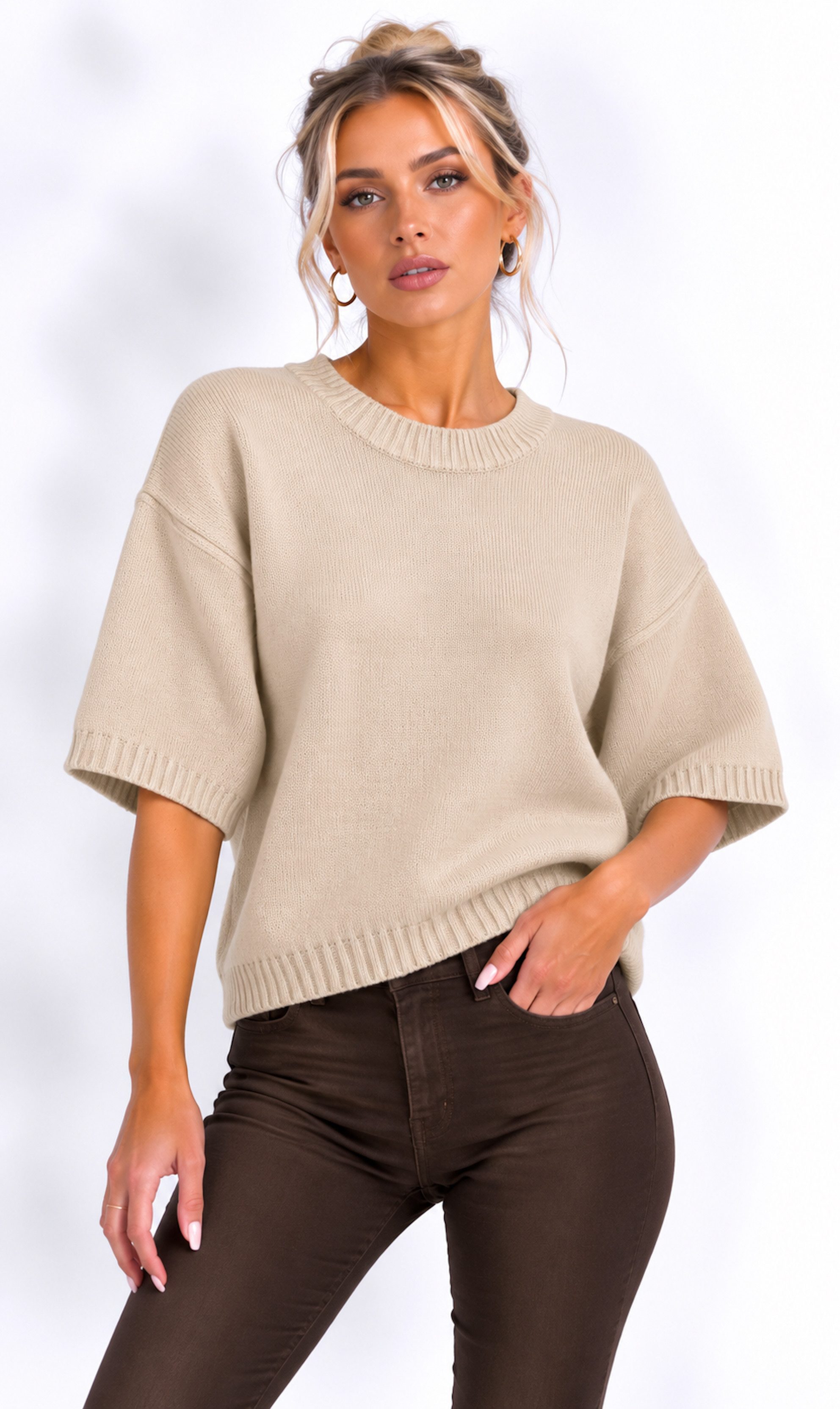 Worldclassca Strickpullover Worldclassca Damen Basic Kurzarm Strickpullover Leicht Rundhals Pulli Neue Kollektion - Stilvolle und gemütliche Strickmode für Damen