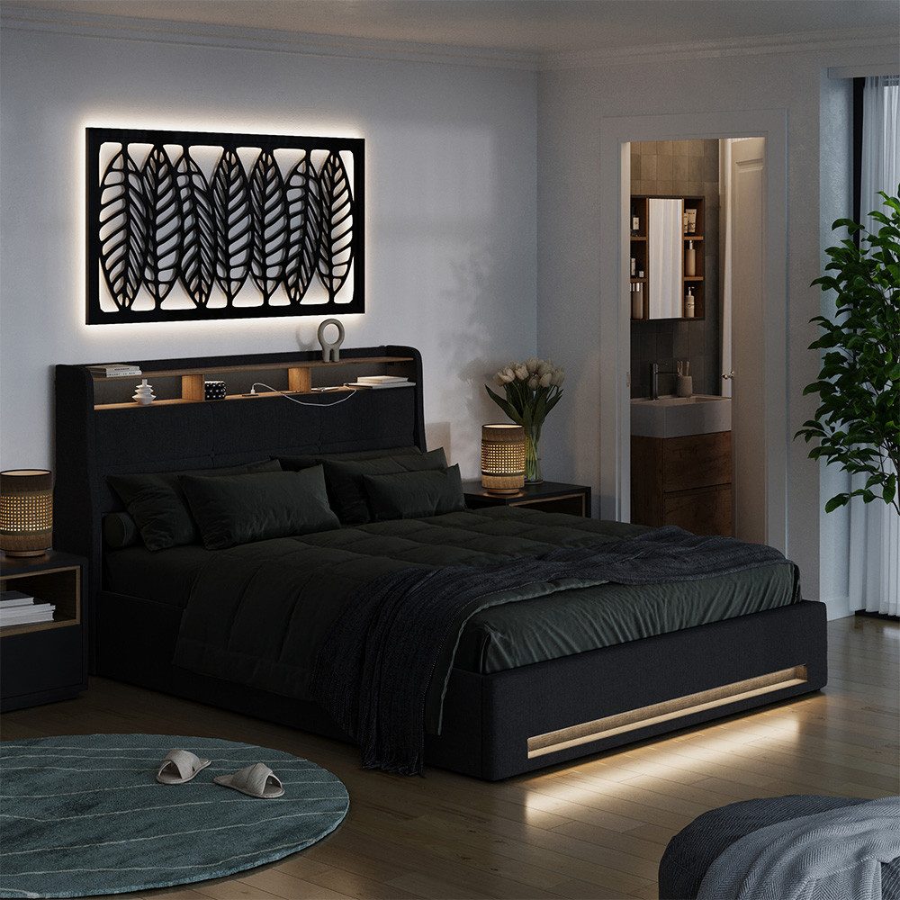 VitaliSpa® Polsterbett Christin, Anthrazit/Eiche, 160x200 mit LED und USB-Anschluss (1-tlg)