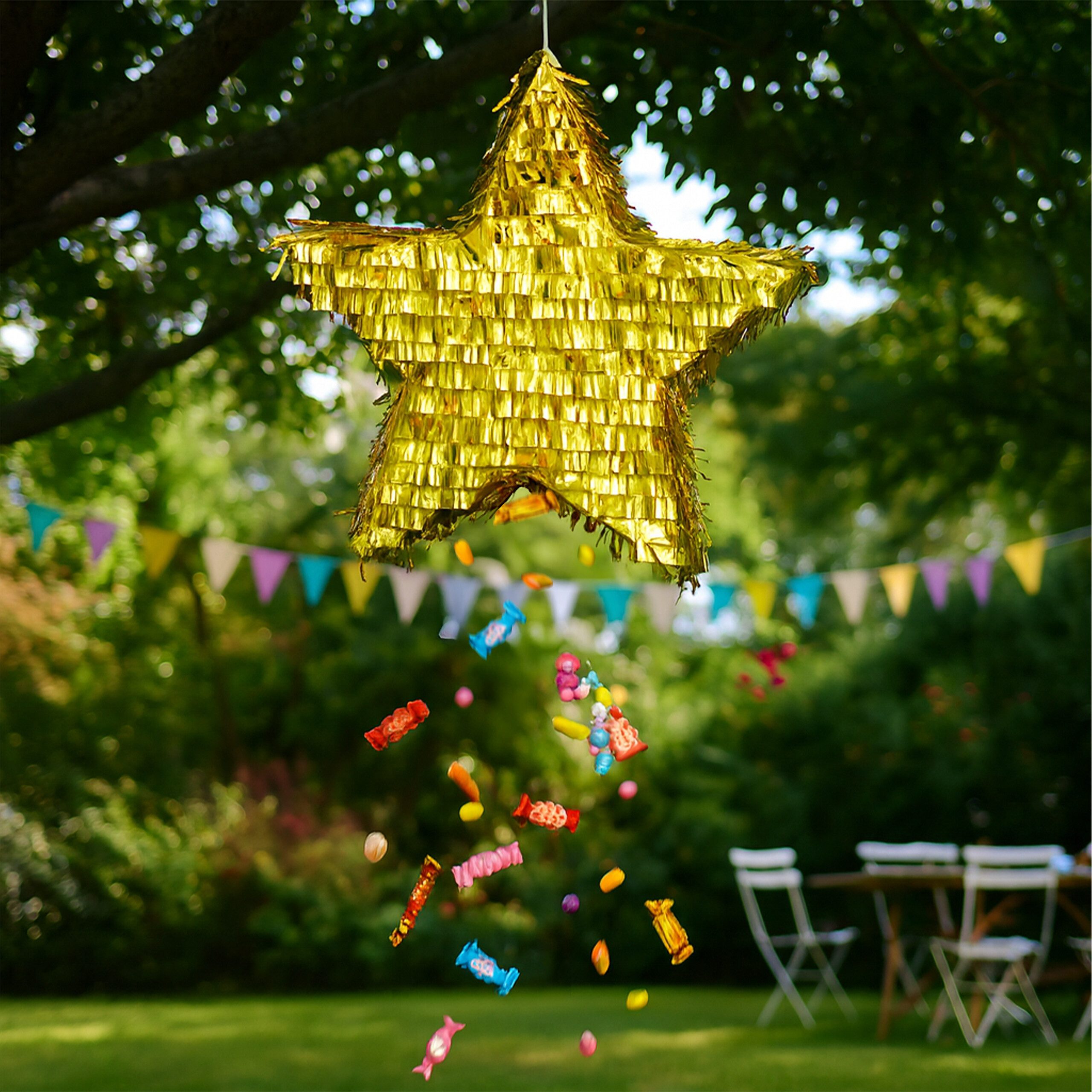 relaxdays Pinata Set Stern mit Stab und Maske, gold