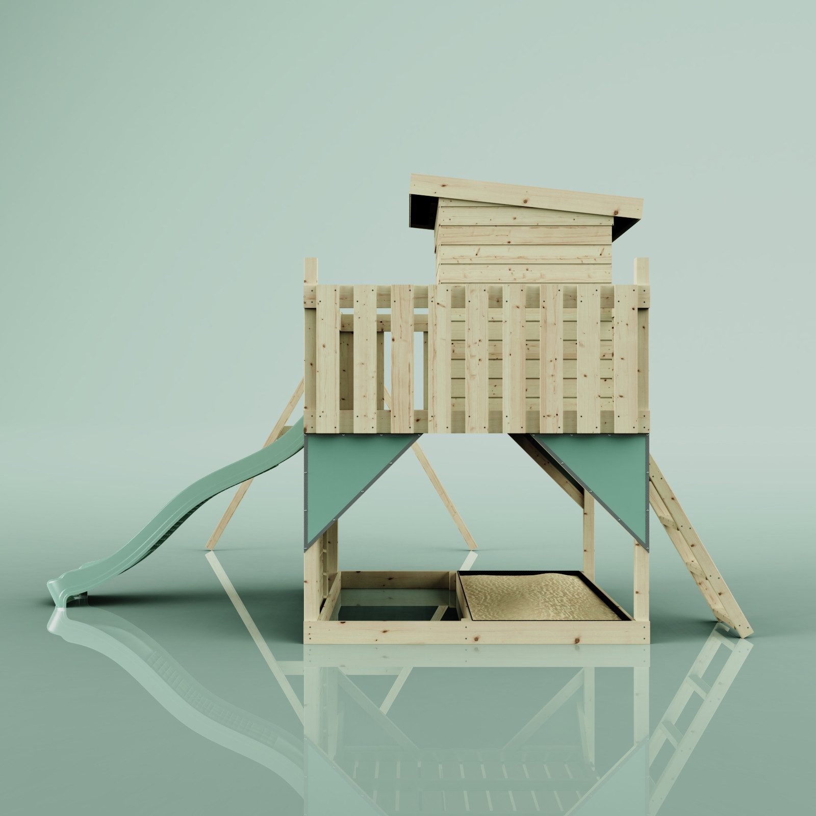 OutdoorToys Spielturm Björn, aus Holz in Mintgrün mit Trapezstange & Rutsche, Kletterwand