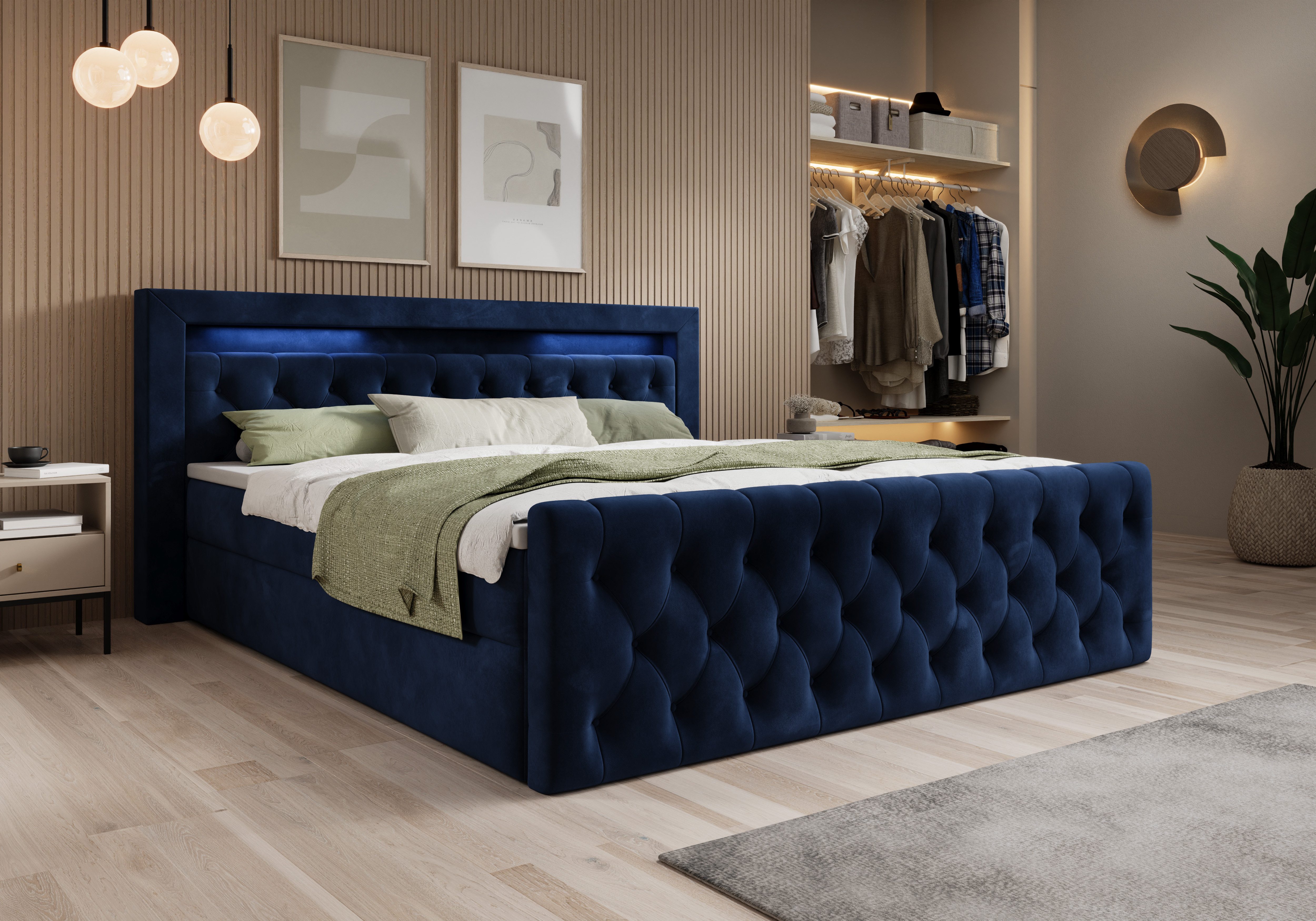 thematys Boxbett LED mit Bettkasten 140x200–200x200 cm – Velours oder Bouclé Bezug – (Polsterbett Bonnellfederkern Matratze H3 + Gratis 3cm Topper, Boxbett - Luxus Doppelbett mit Stauraum und LED)