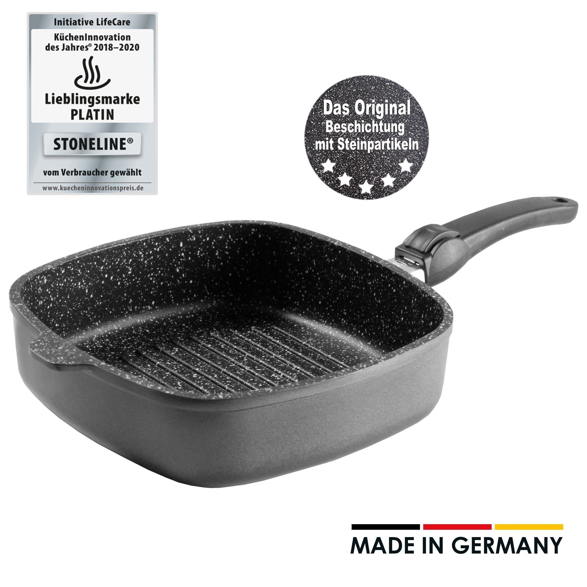 STONELINE Grillpfanne Made in Germany 26x26 cm, abnehmbarer Griff,  Kokillenguss, Aluminium (2-tlg)