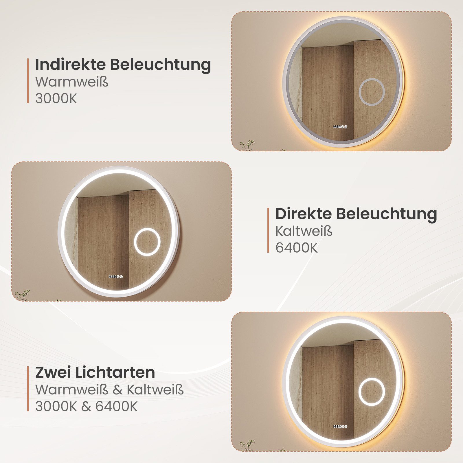 AQUABATOS Badspiegel Rund mit LED Beleuchtung 80 cm Wandspiegel dimmbar Badezimmerspiegel, 3-fach-Vergrößerung Kosmetikspiegel, Touch, Anti-Beschlag, Uhr, IP44 – Bild 4 von 5