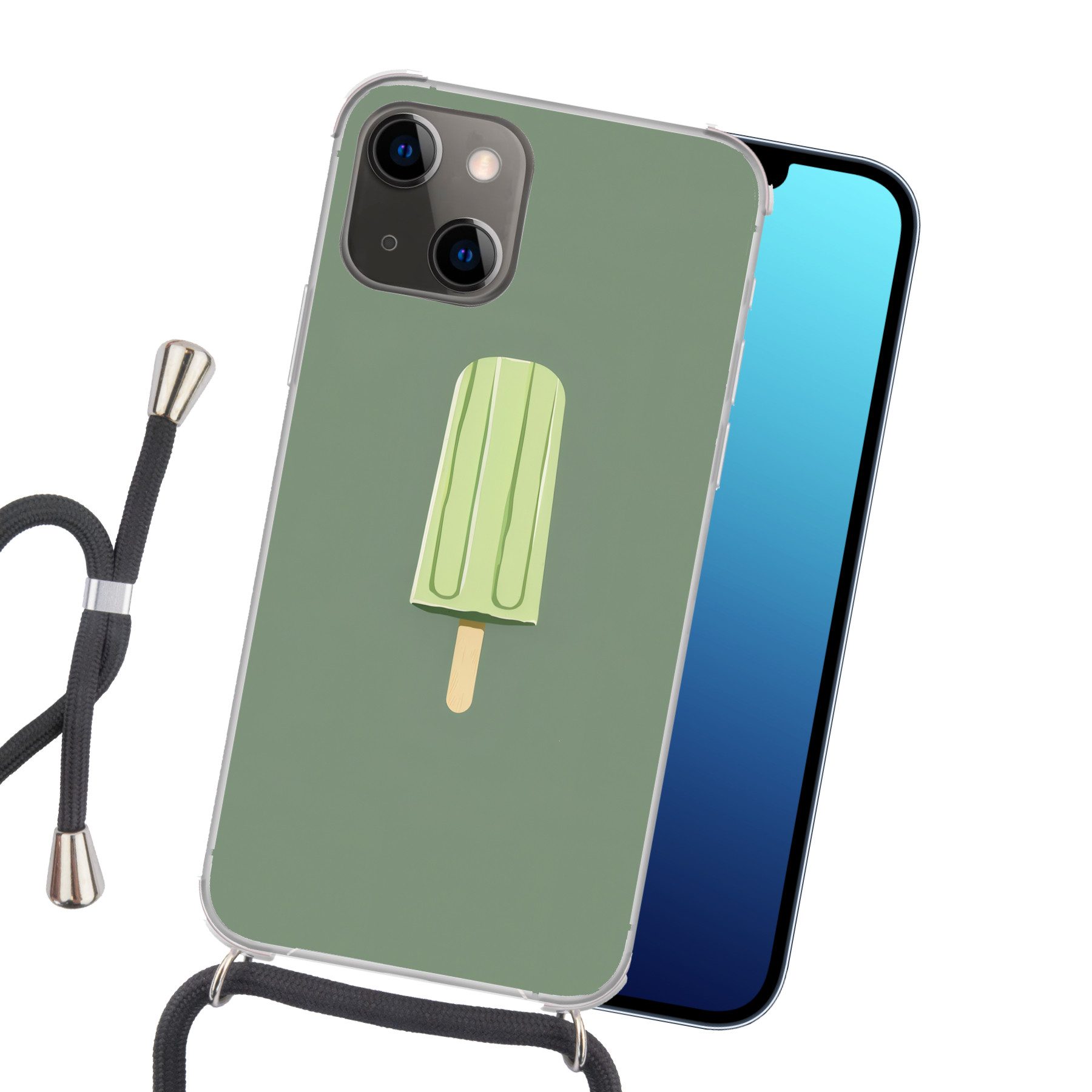 MuchoWow Handyhülle für Apple iPhone 13 Mini Grün - Wassereis - Stock - Illustration, Tragbare Handyhüllen mit Kette zum umhängen, Handykette Handyband