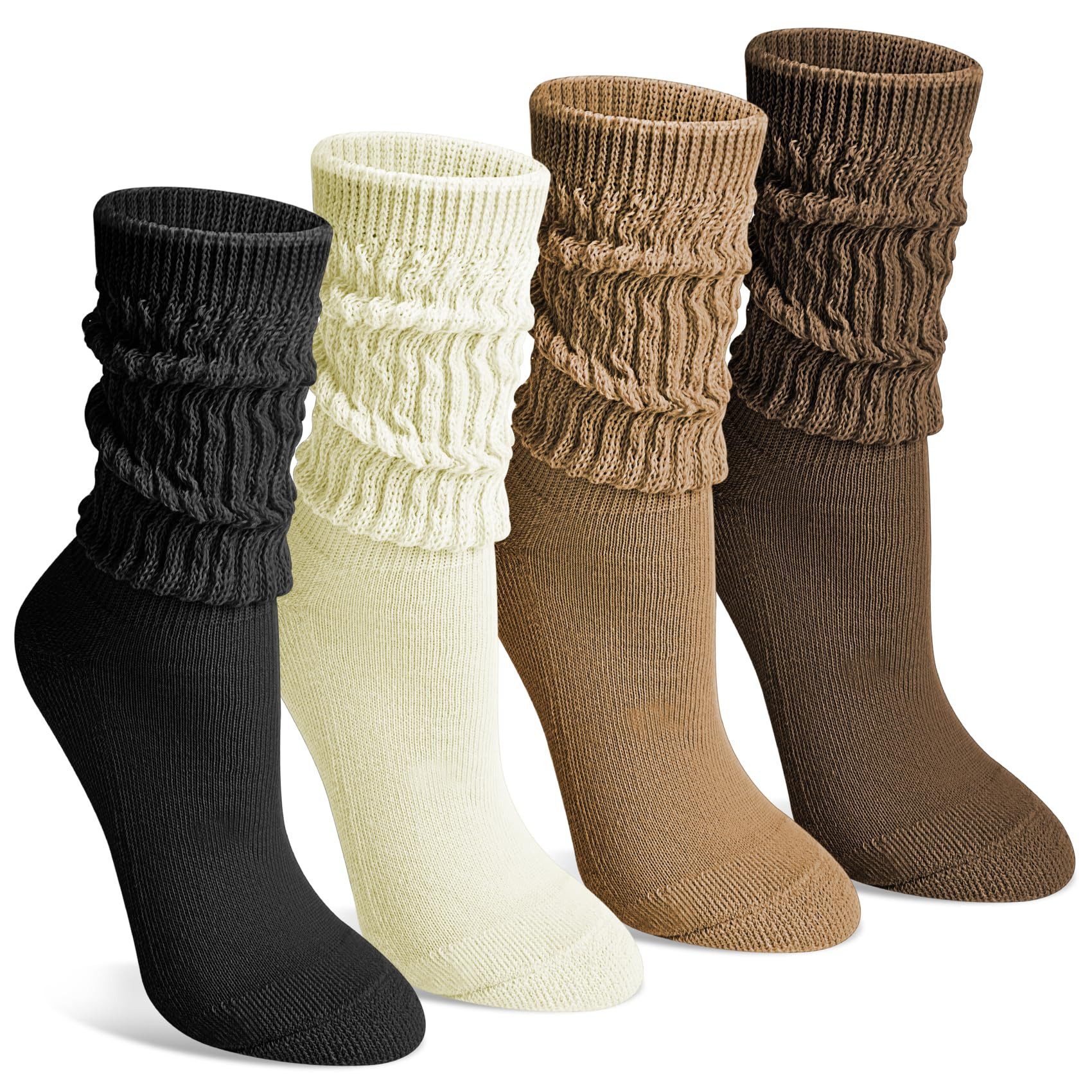 FOUORTUNATE-BEE Beinstulpen 4 Paar Damen Stulpen Socken – Lang, Dick & Locker Gestrickt Einfarbige Winter Stulpenstrümpfe für Alltag, Stiefel & Mode