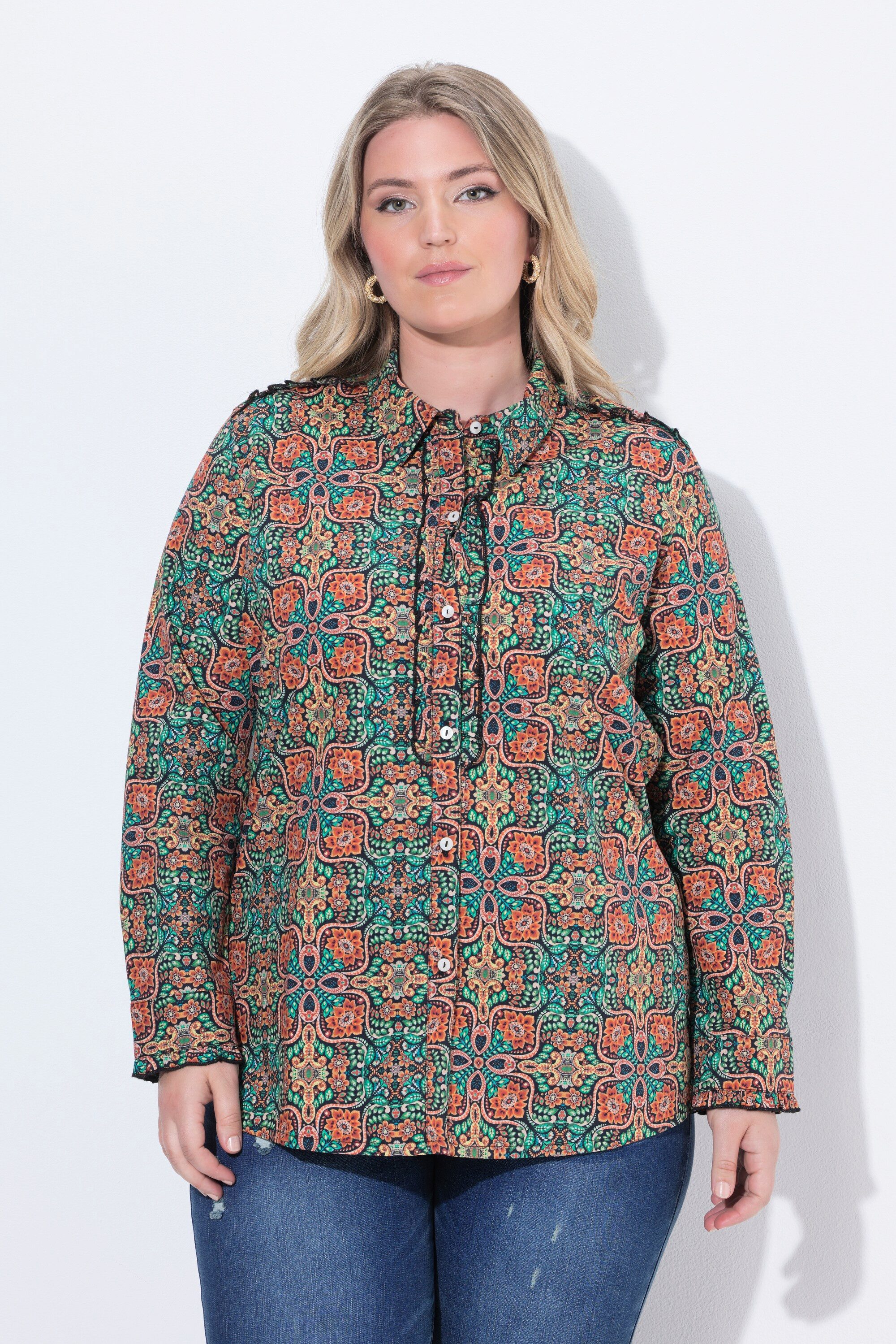Ulla Popken Trachtenbluse Bluse Blüten Hemdkragen Rüschen Langarm