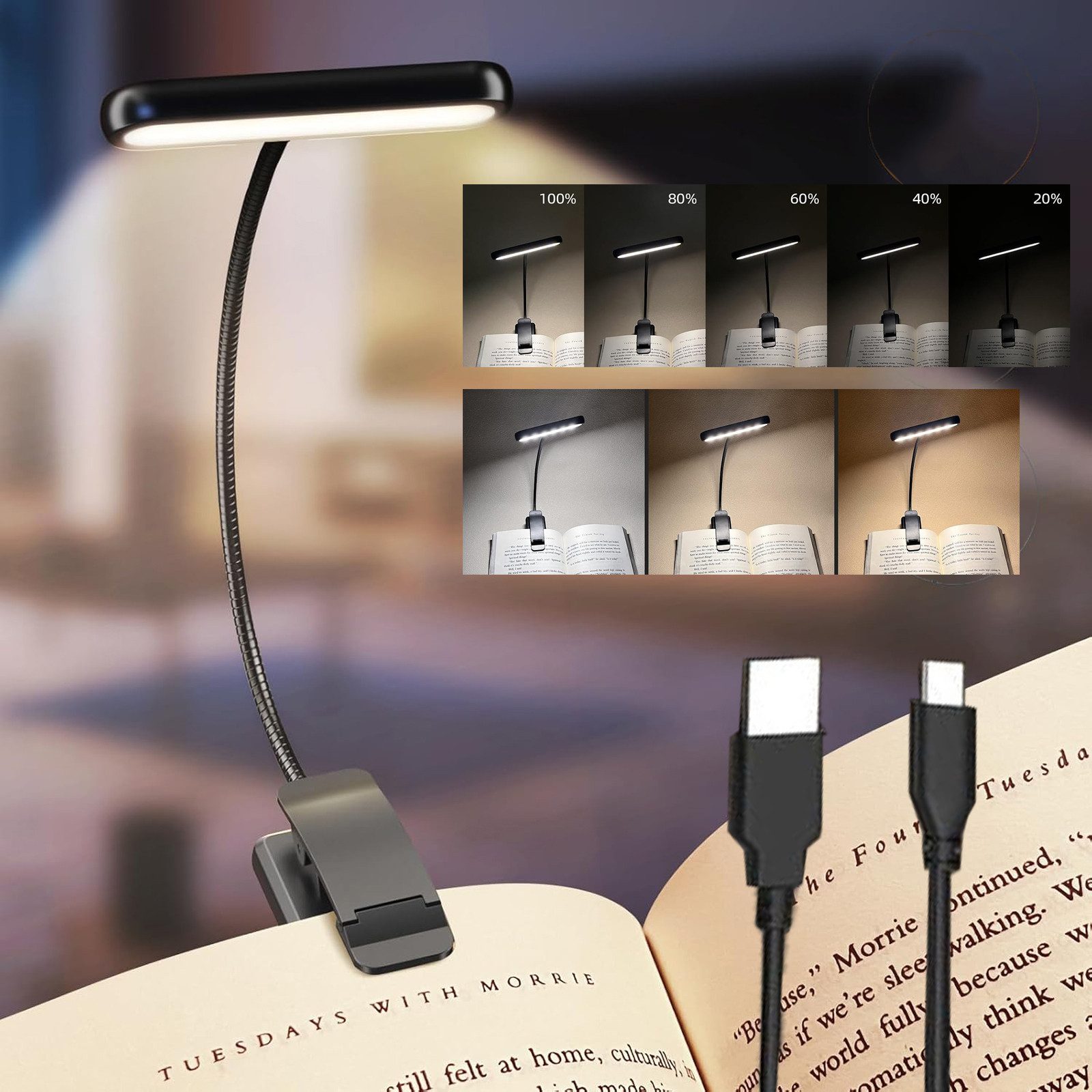 Jibenhome Klemmleuchten Leselampe Buch Klemme USB Wiederaufladbare Buchlamp günstig online kaufen