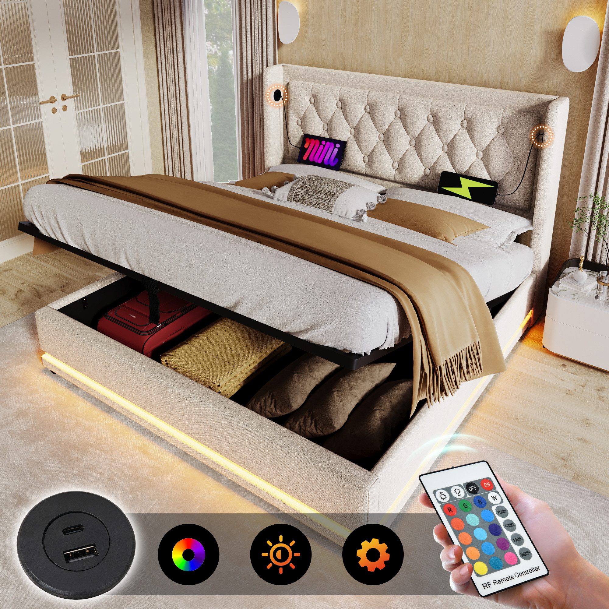 MODFU Polsterbett mit Stauraum Ladefunktion (190x210x101CM,Inklusive-Matrat günstig online kaufen