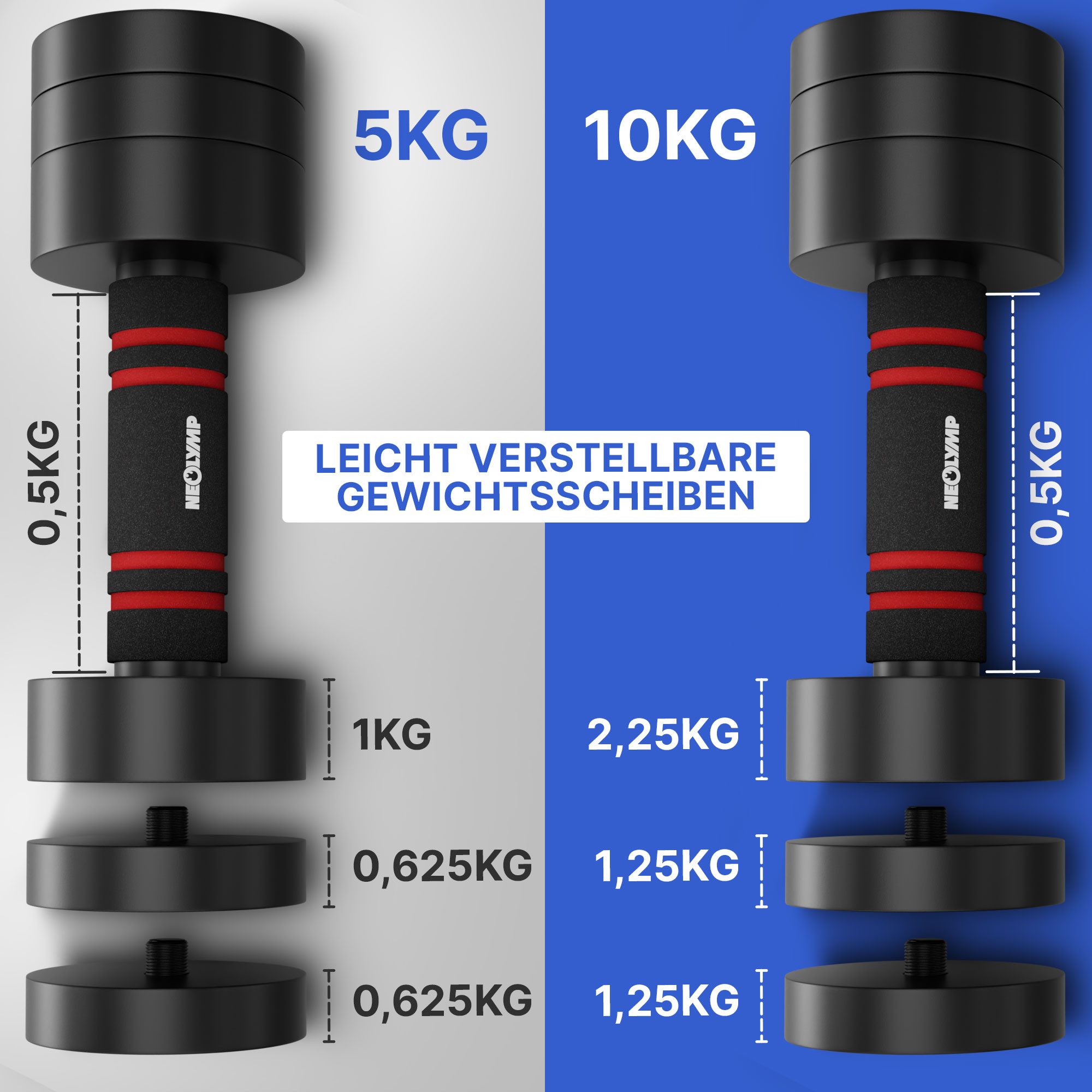 NEOLYMP Kurzhantel 2er Set verstellbare Kurzhanteln 1,75 - 10 kg – verstellbare Hanteln, (Kurzhanteln aus massivem Stahl mit rutschfestem Schaumstoffgriff)